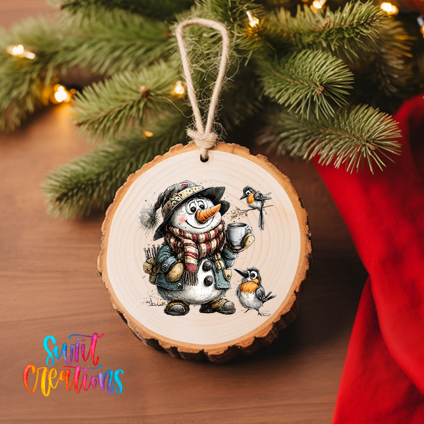 A wooden ornament featuring a snowman with a bird perched on its shoulder, surrounded by pine branches and twinkling lights.
