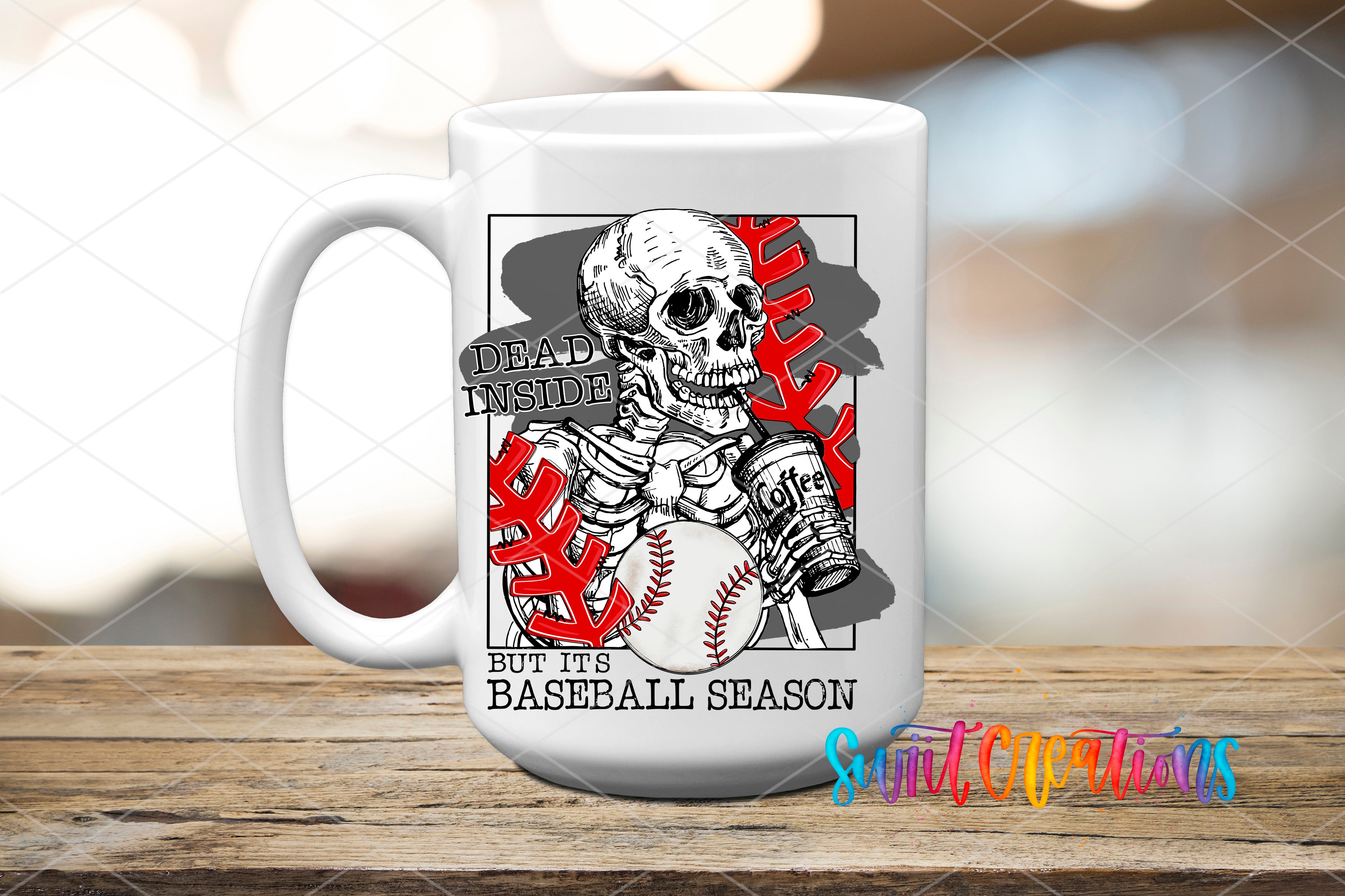 A white mug with a graphic design featuring a skeleton holding a baseball and the text "Dead inside but it's baseball season" printed on it.