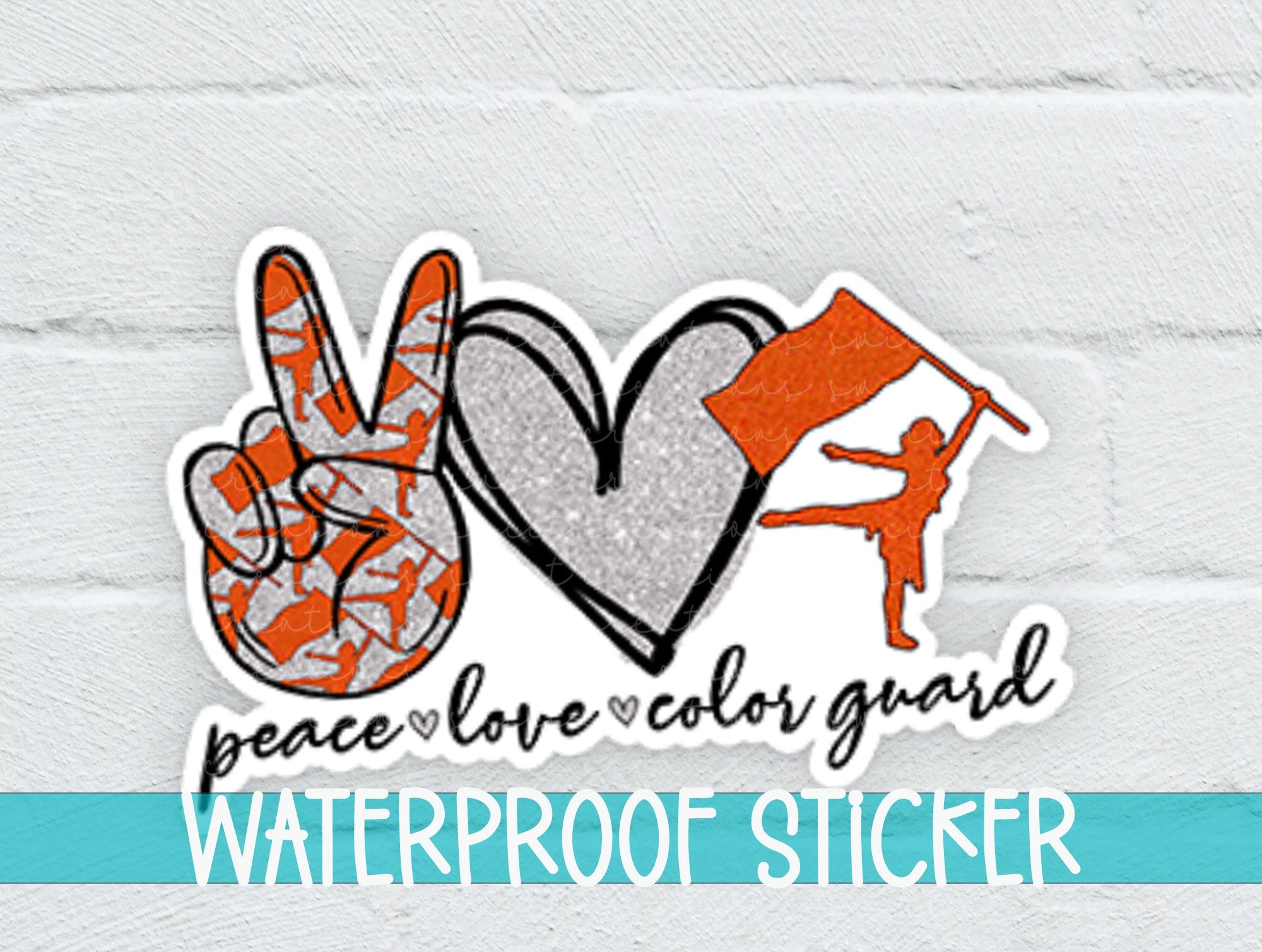 a white brick wall with a sticker that says peace love color guard waterproof