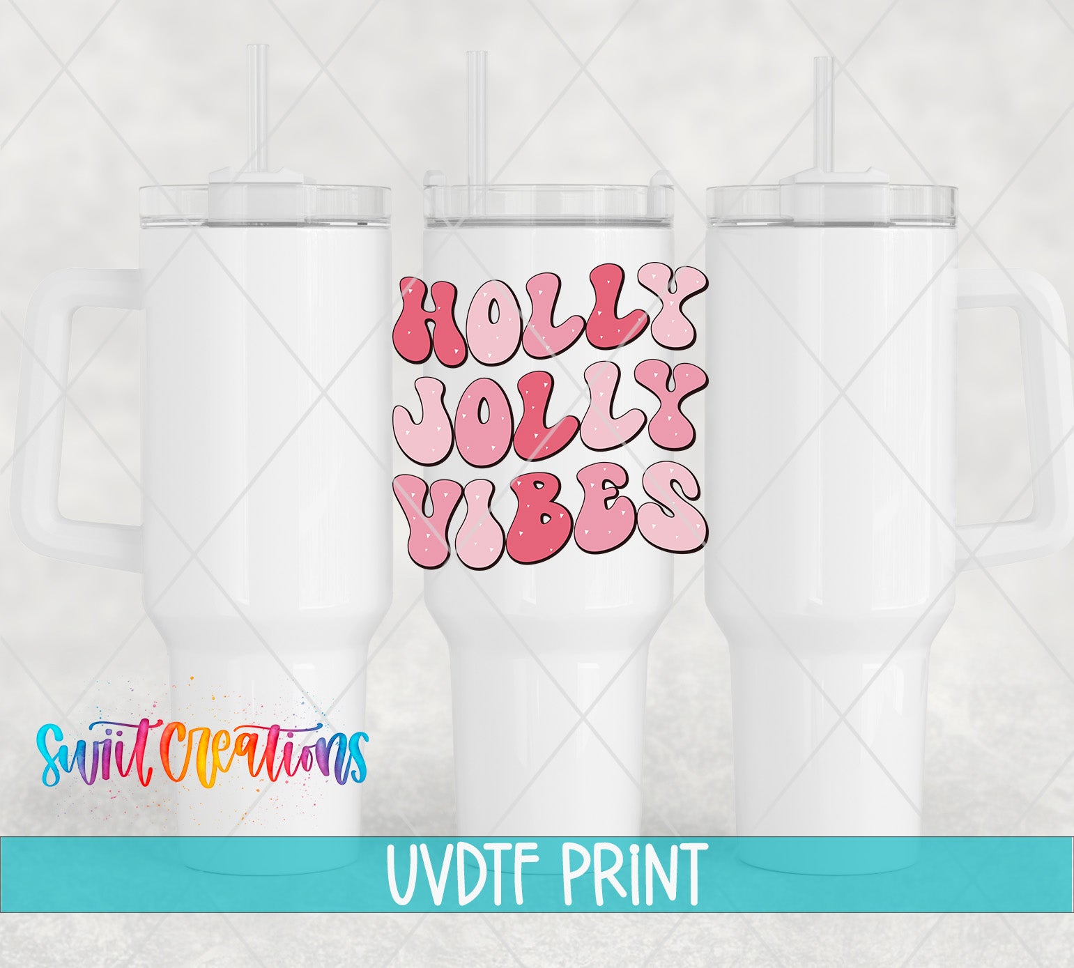 three white tumblers with a pink and purple text design on them.