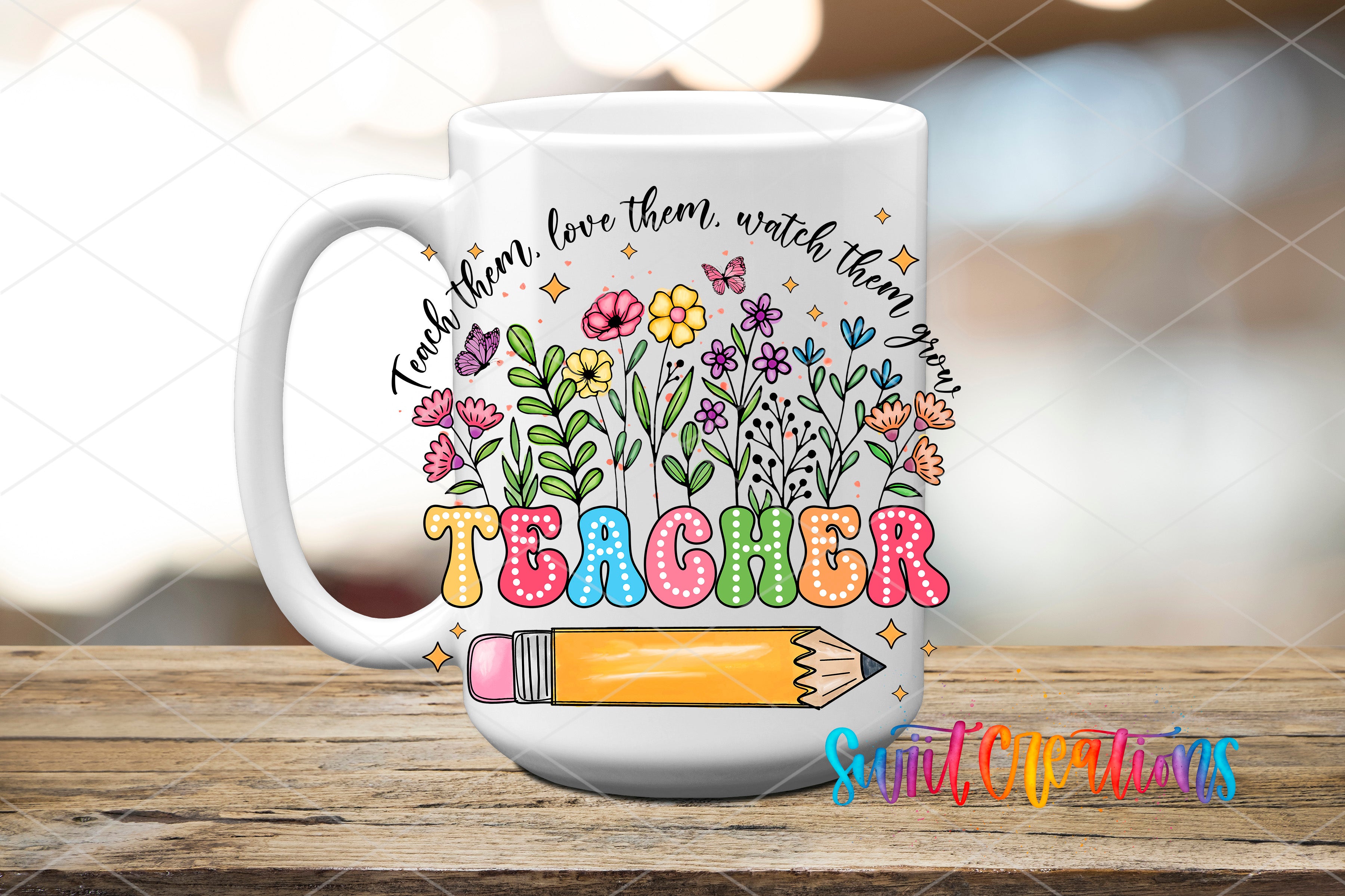 A white ceramic mug with a colorful design featuring the word "TEACHER" surrounded by flowers, leaves, and a pencil.