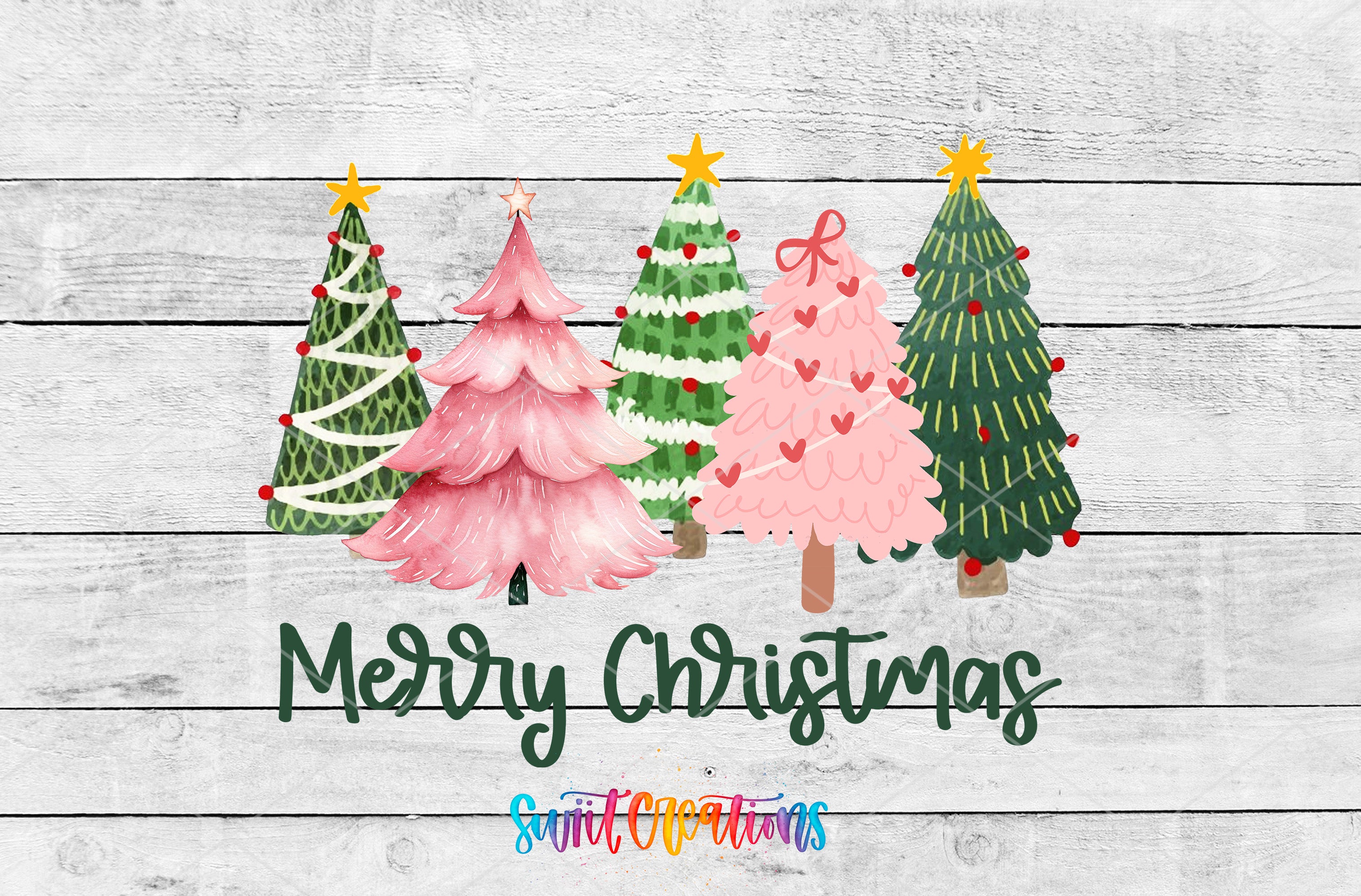 A festive Christmas scene with five colorful Christmas trees of different shapes and sizes, arranged in a row against a white wooden background. The text "Merry Christmas" is displayed below the trees, and the image is described as a "collage of multiple images" and "SMIL'CRAFTINGS".