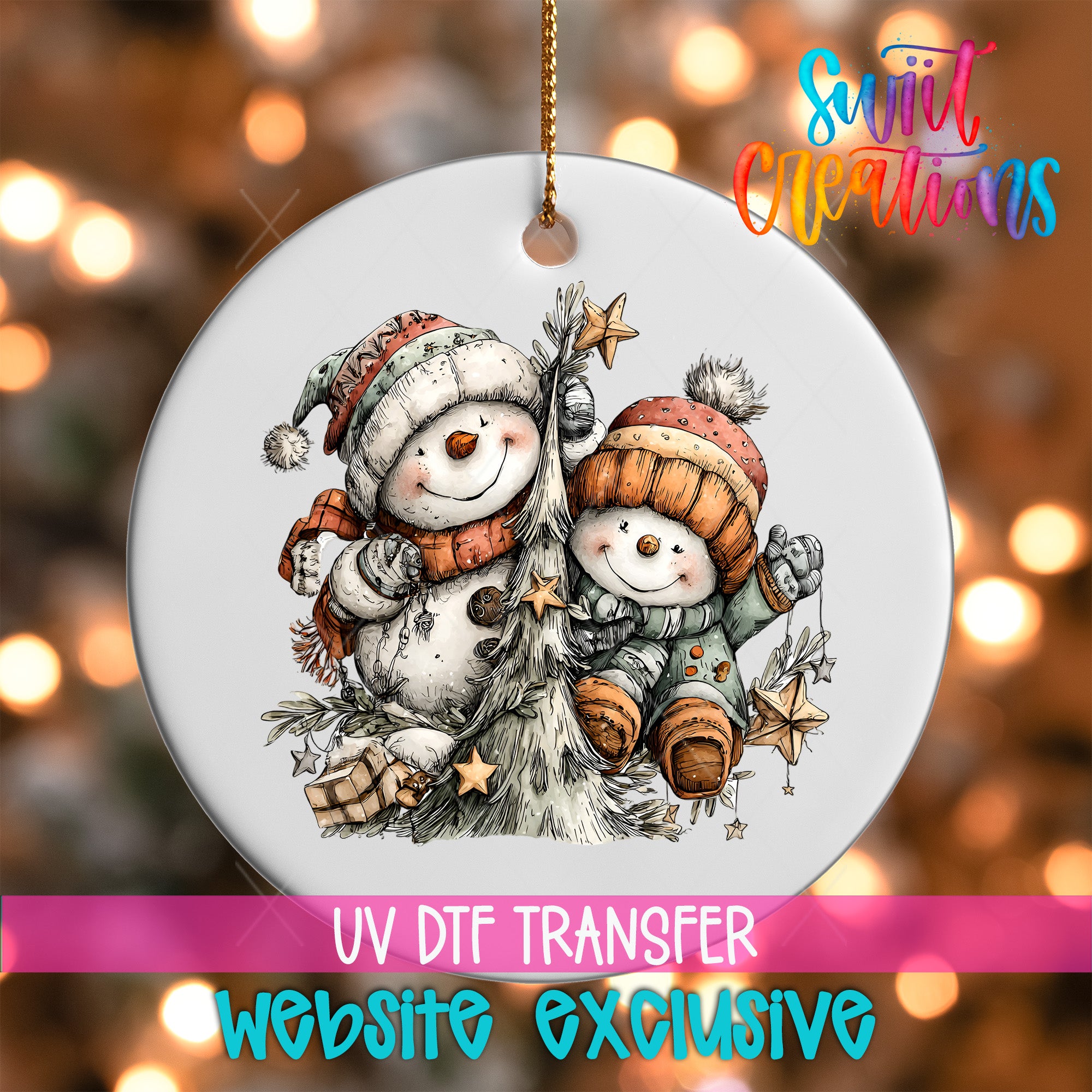 A white ornament with a snowman and a child on it, hanging against a background of colorful lights.