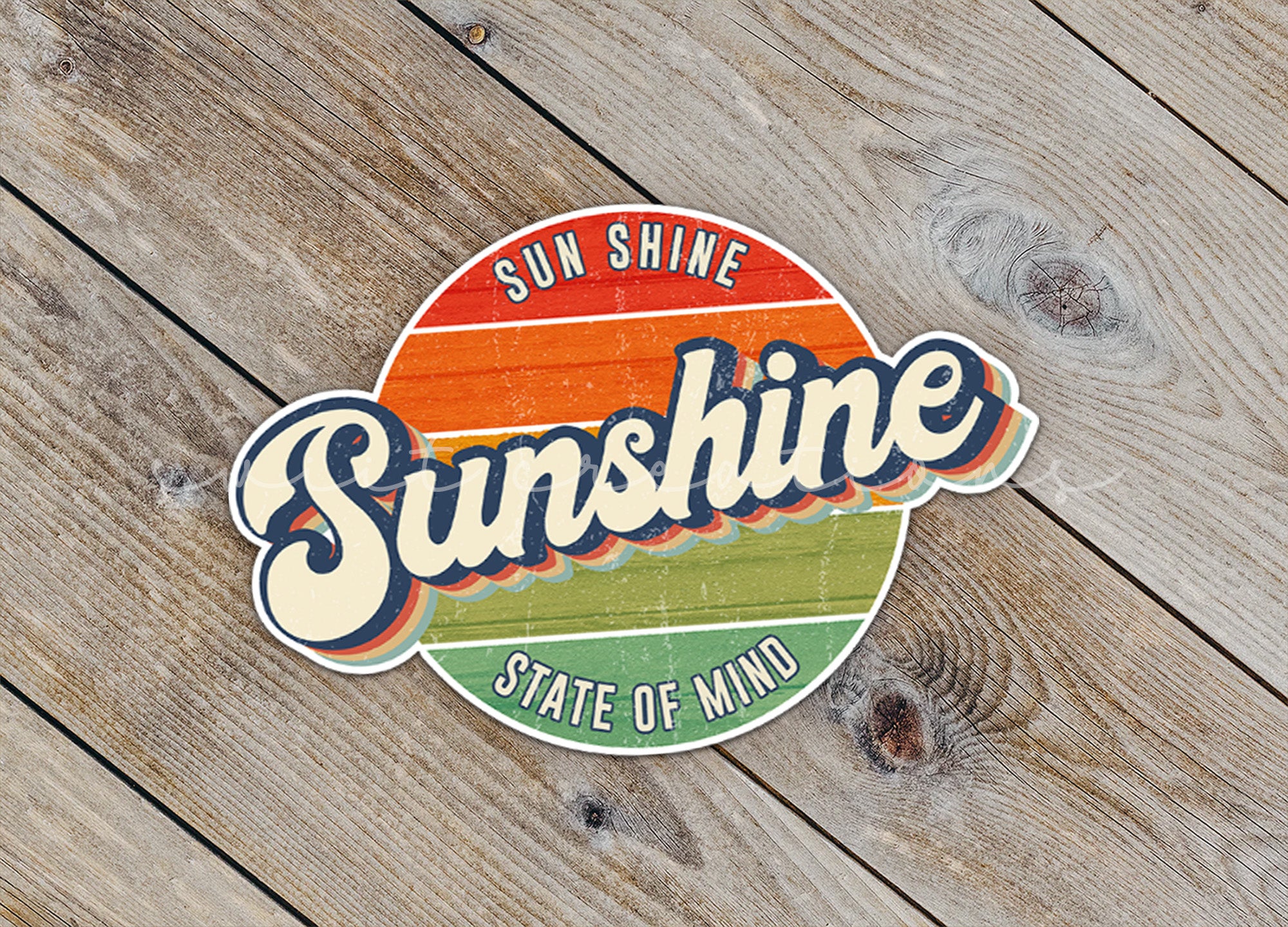 a sticker that says sunshine state of mind on a wooden surface