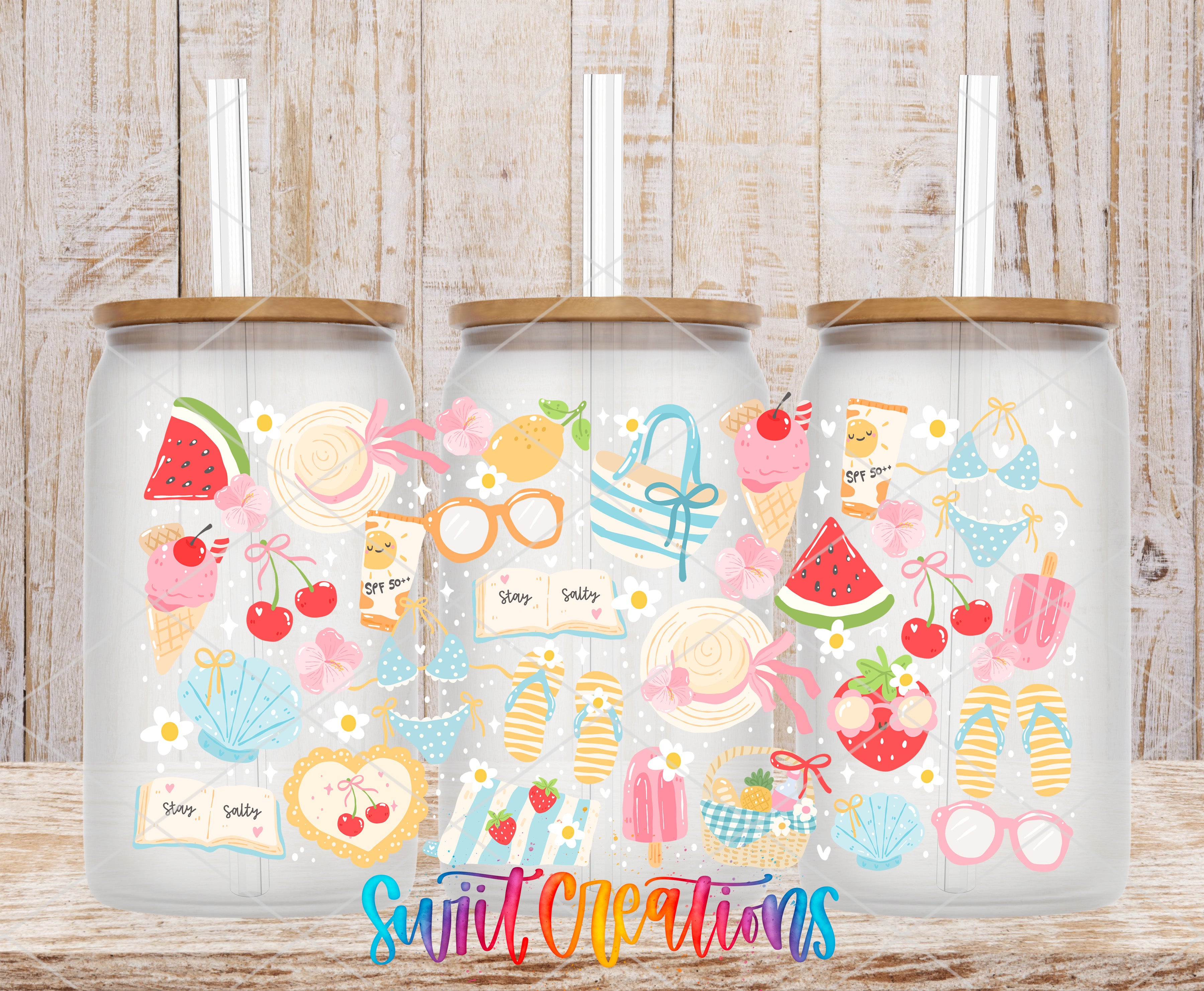 A collage of three glass jars with colorful illustrations of various summer-themed objects, such as ice cream cones, sunglasses, beach towels, and flowers, against a wooden background.