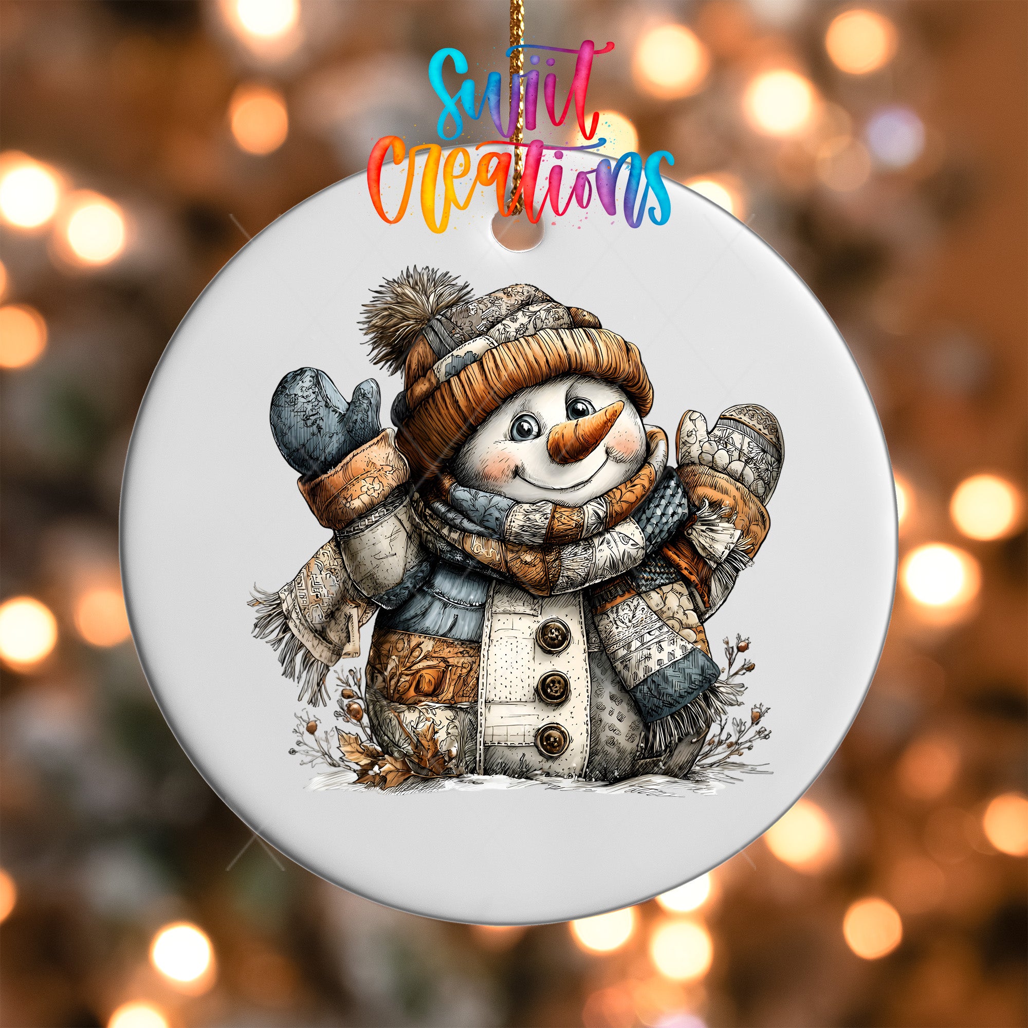 A snowman ornament with a smiling face, wearing a hat, scarf, and mittens, is hanging against a background of colorful lights.