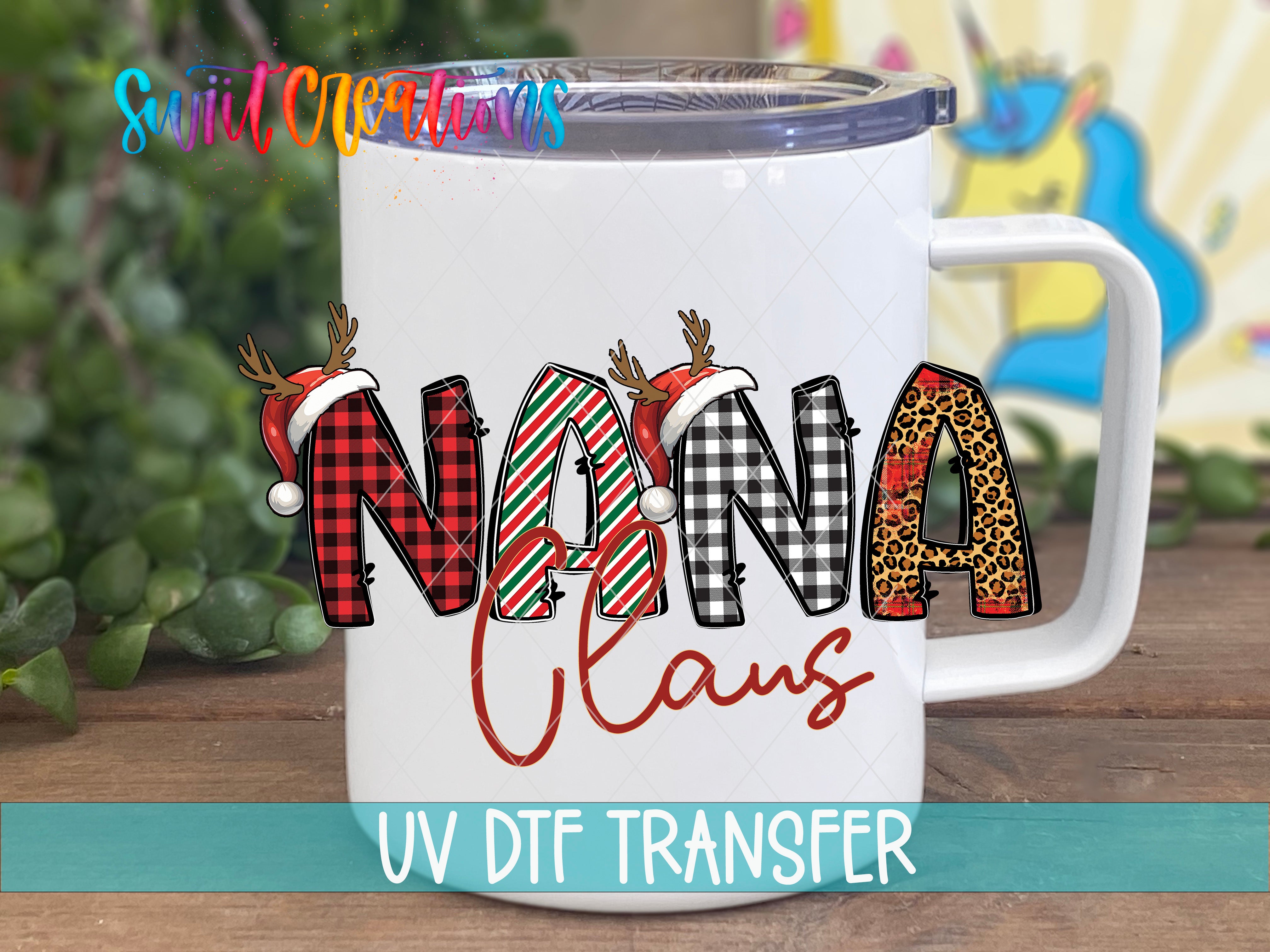 A white mug with a colorful design featuring the word "NANA" in various colors and styles, along with a unicorn and antlers.
