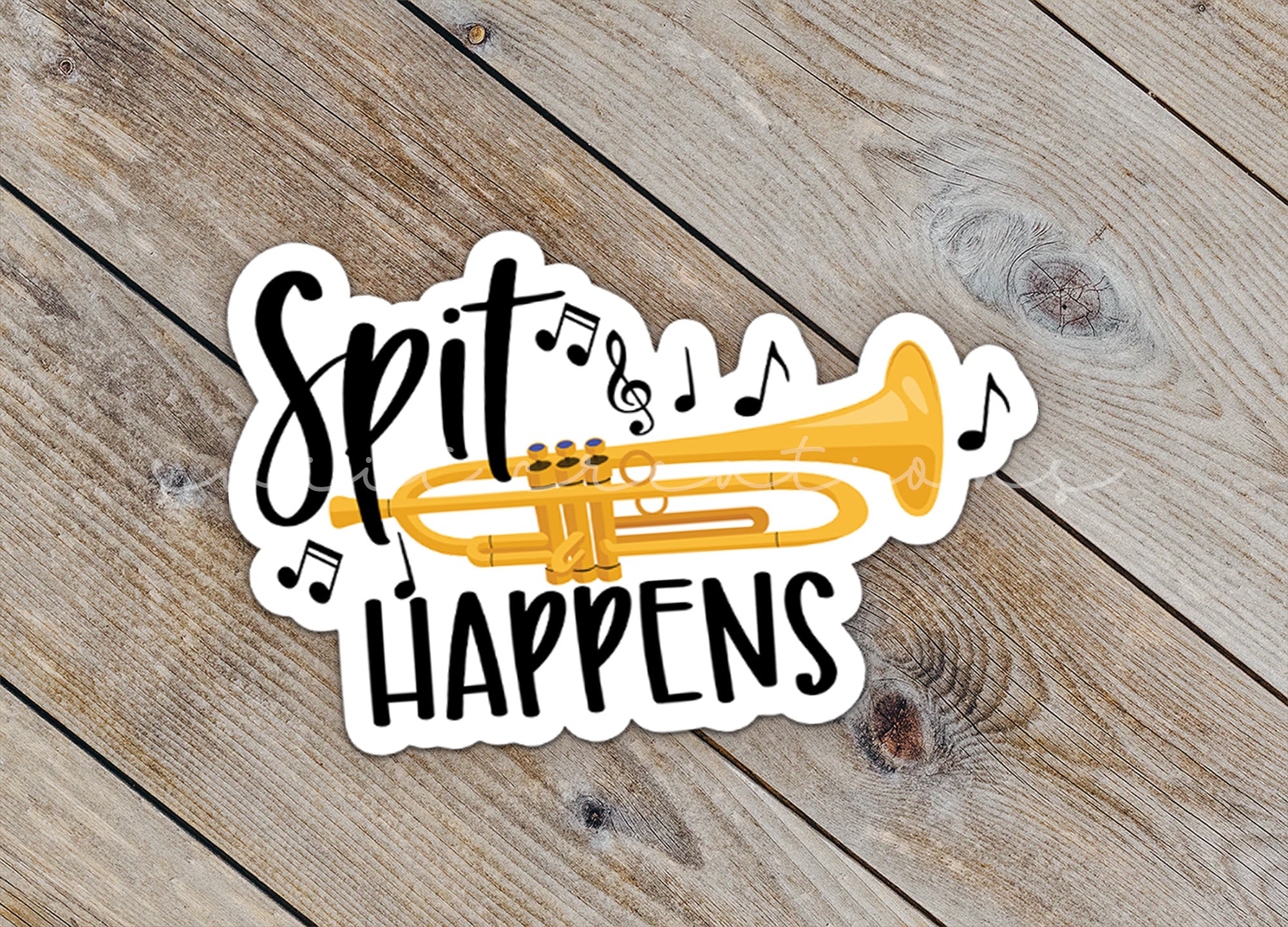 a sticker that says spit happens with a trumpet