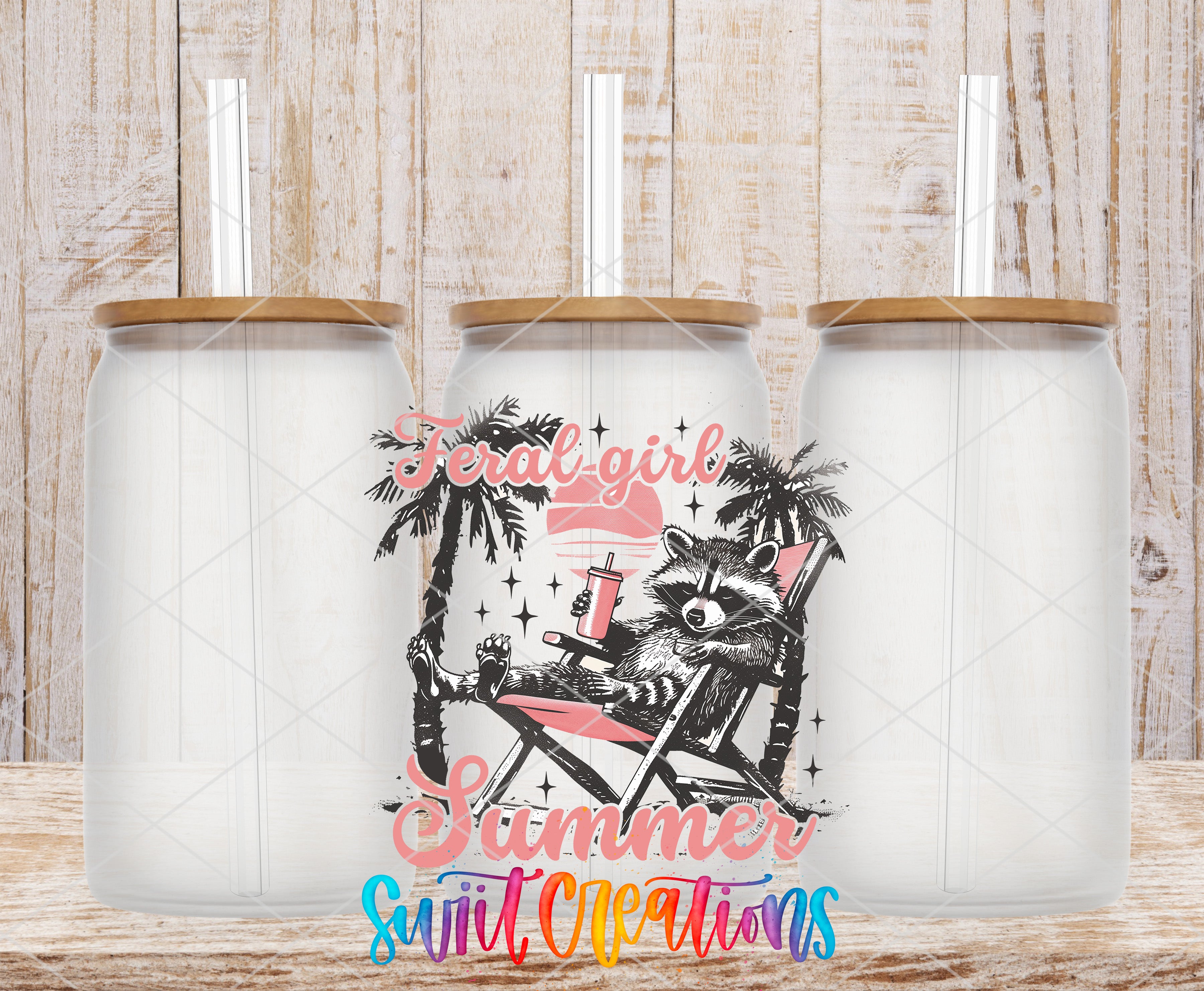 three glass tumblers with straws, each containing a colorful design. The design includes a raccoon sitting in a chair and the text "Feat. Girl Summer" written above it.