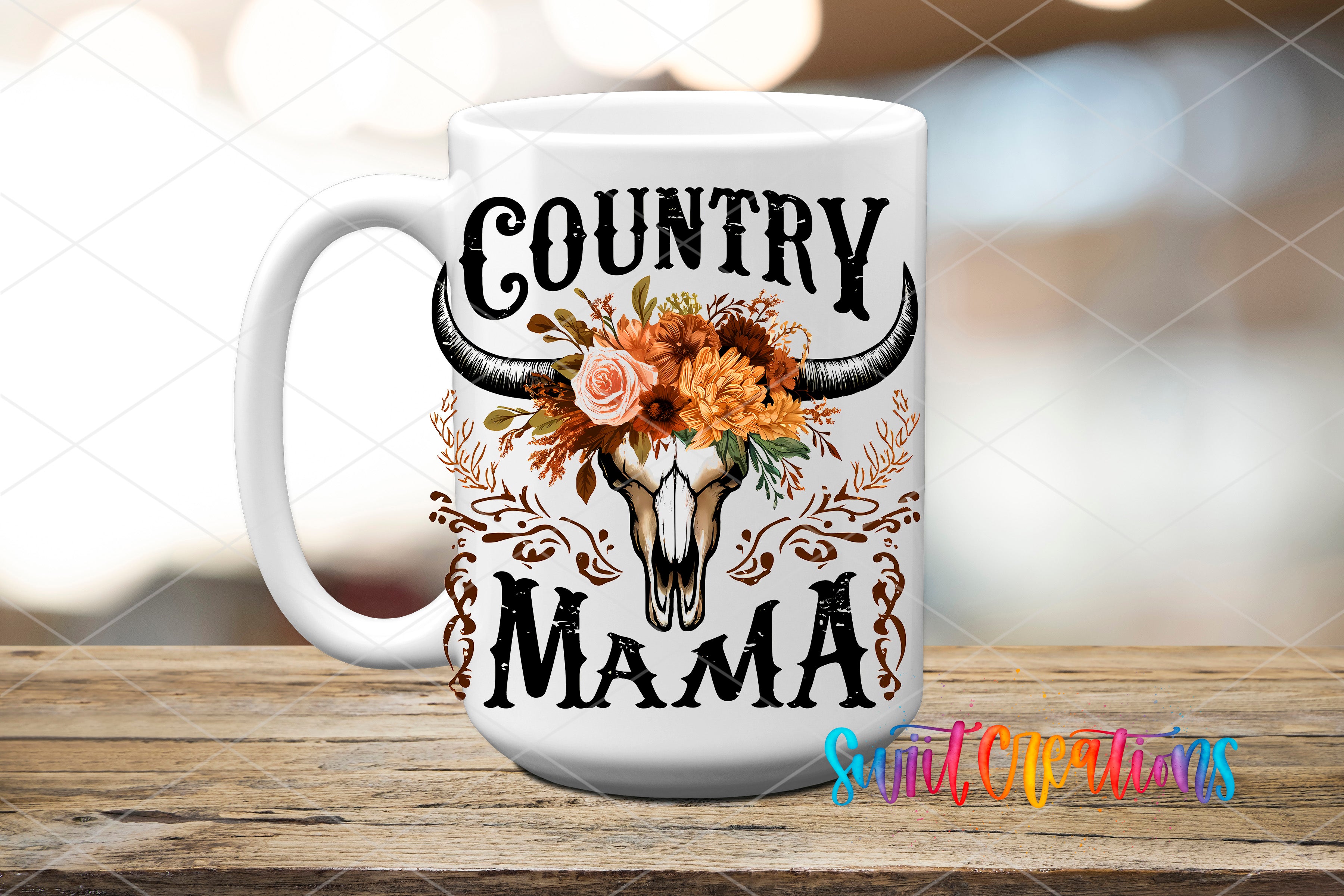 A white ceramic mug with a floral design featuring a skull and flowers, along with the text "Country Mama" printed on it.