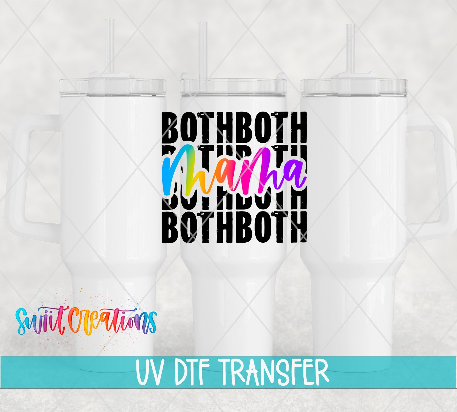 three white tumblers with the text "Both both both" printed on them in a stylized font.