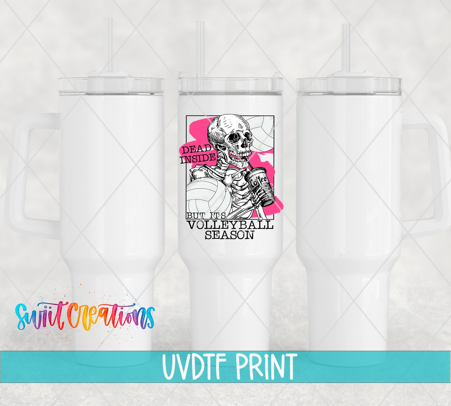 a white tumbler with a printed design on it, including a skeleton and text related to volleyball.