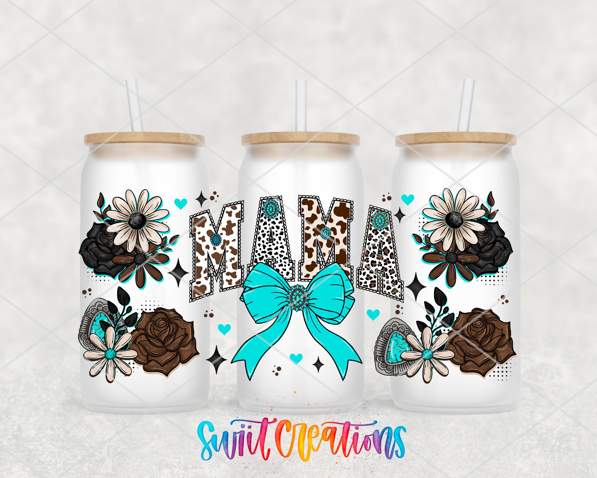 three white tumblers with floral and animal designs, including flowers, leaves, and a bow, arranged in a row.