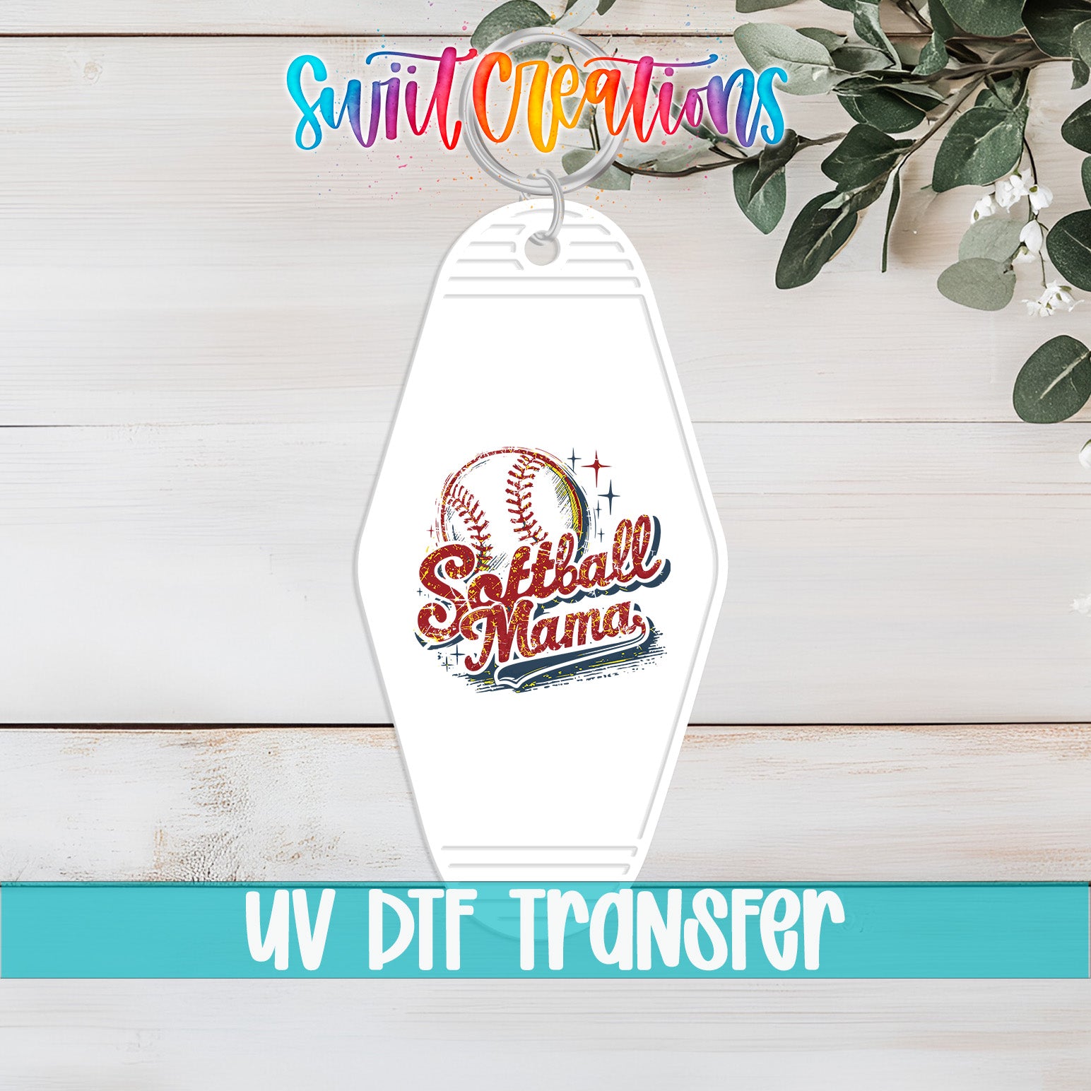 A keychain with a baseball and softball design, along with the text "Softball Mama" and a UV transfer label.