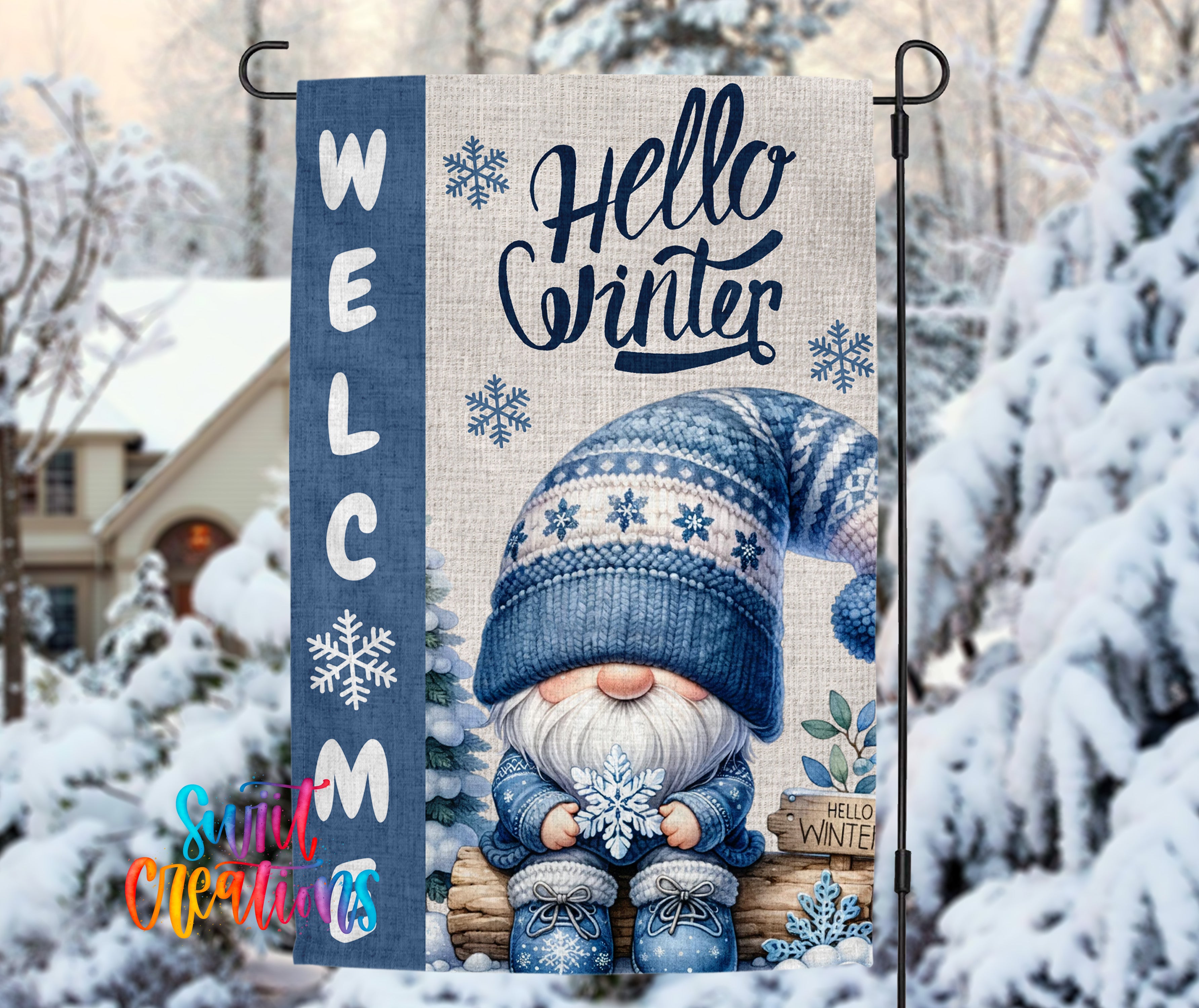 A welcome sign featuring a gnome wearing a blue hat and scarf, with snowflakes and the text "Hello Winter" displayed on the sign.