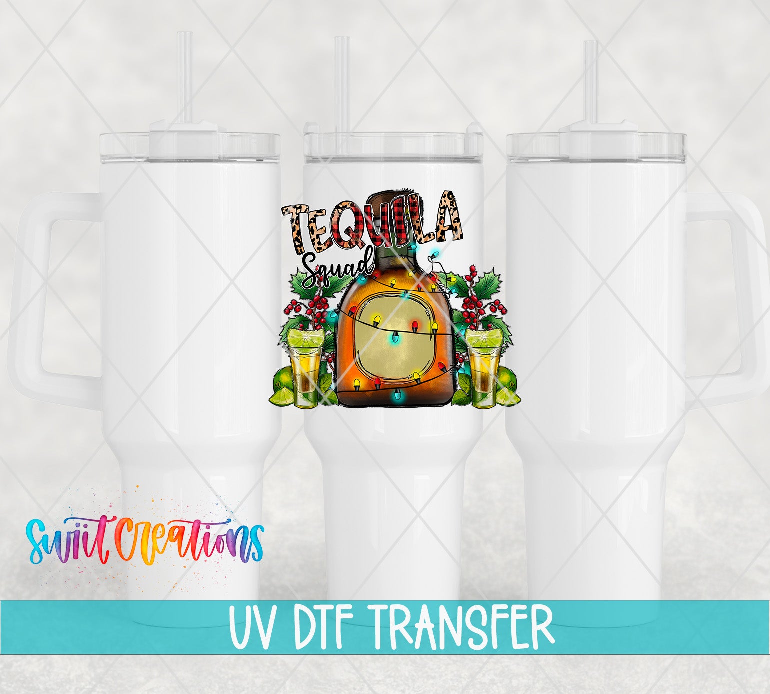 a white ceramic mug with a tequila-themed design, including a bottle of tequila, a lime, and a shot glass. The mug is set against a light gray background, and there is text at the bottom of the image that reads "UV Dtf Transfer".