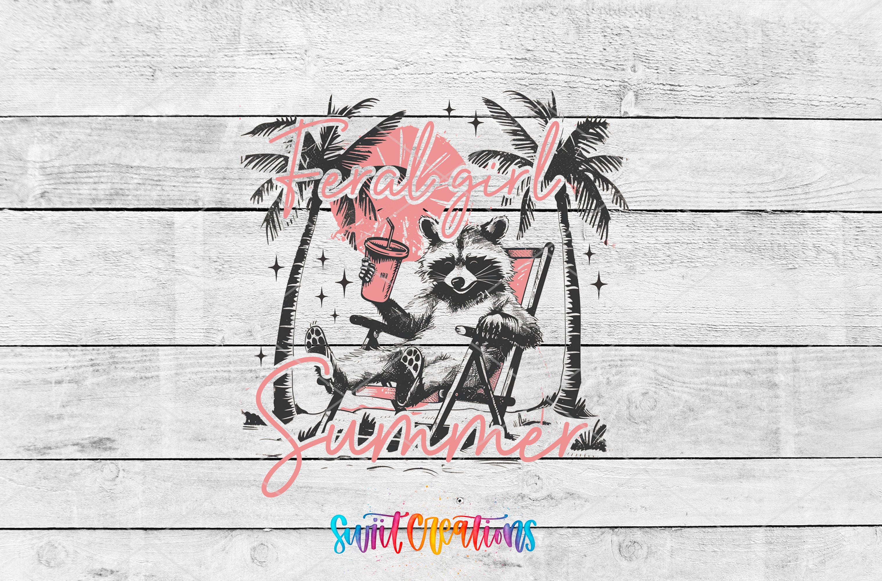 A raccoon sitting in a chair, holding a drink, with palm trees and stars in the background, and the text "Feral Girl Summer" written above it.
