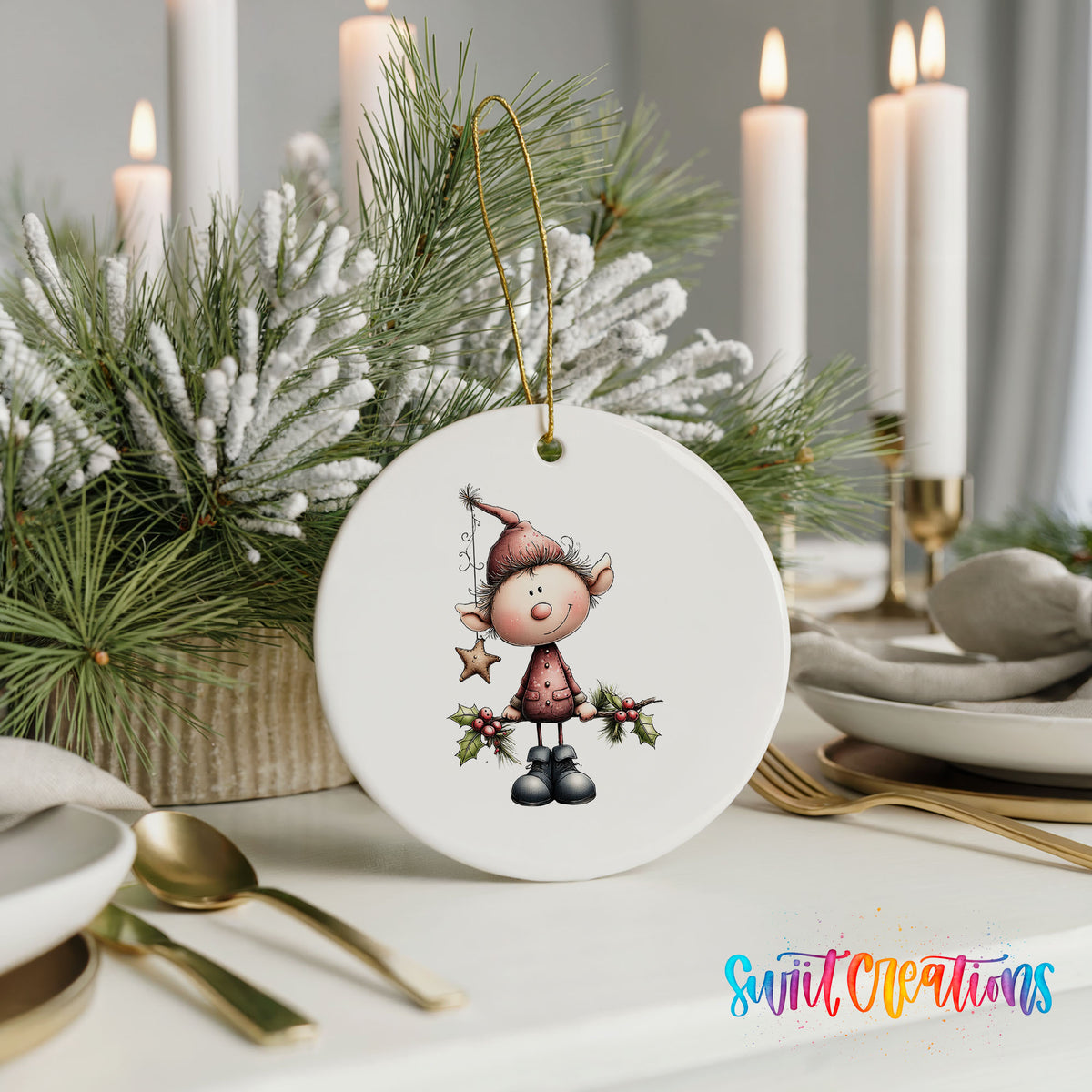 A white ornament featuring a cartoon elf holding a star and holly is displayed on a table, surrounded by candles and greenery.