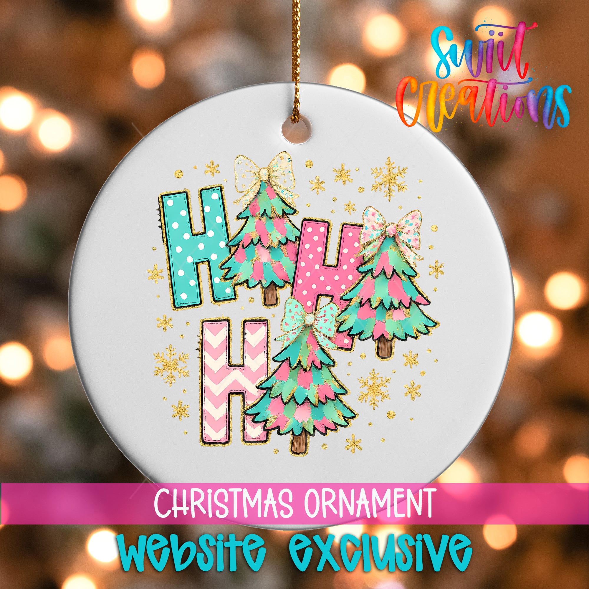A white Christmas ornament with colorful trees and snowflakes, featuring the text "Haha" in a playful font.