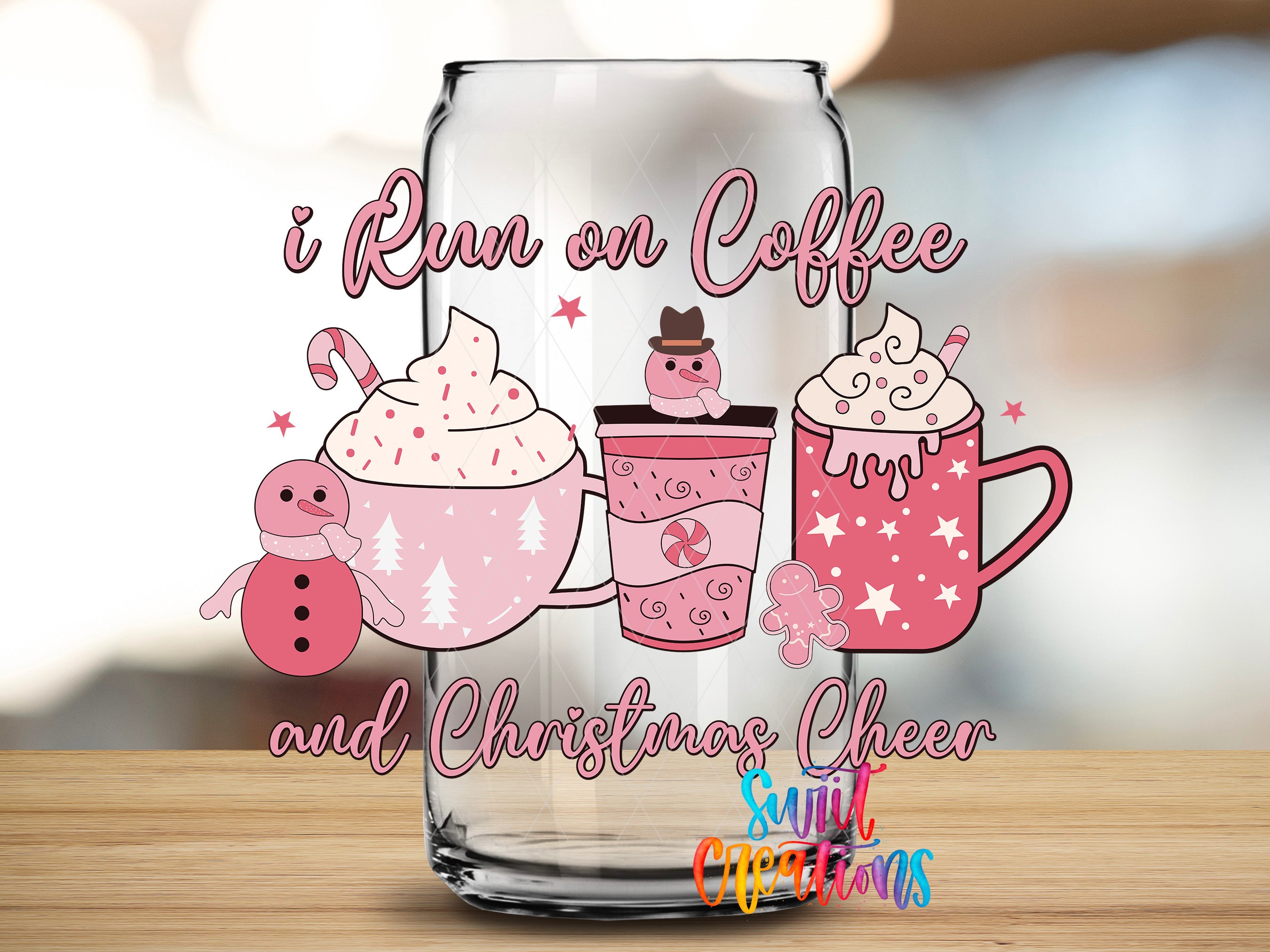 a glass jar with illustrations of hot beverages, such as coffee and hot chocolate, along with a snowman and a gingerbread man. The text on the jar reads "I Run on Coffee and Christmas Cheer" and "Sugar Christmas".
