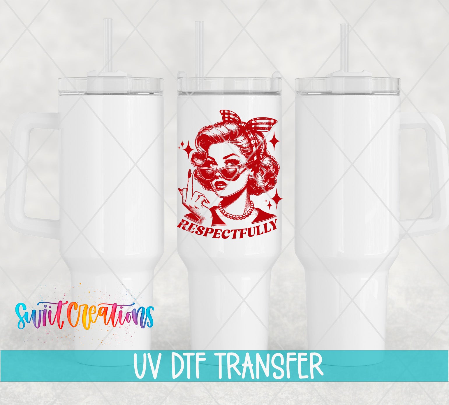 three white tumblers with a red and black graphic design on the front, including a woman's face and the text "RESPECTFULLY".