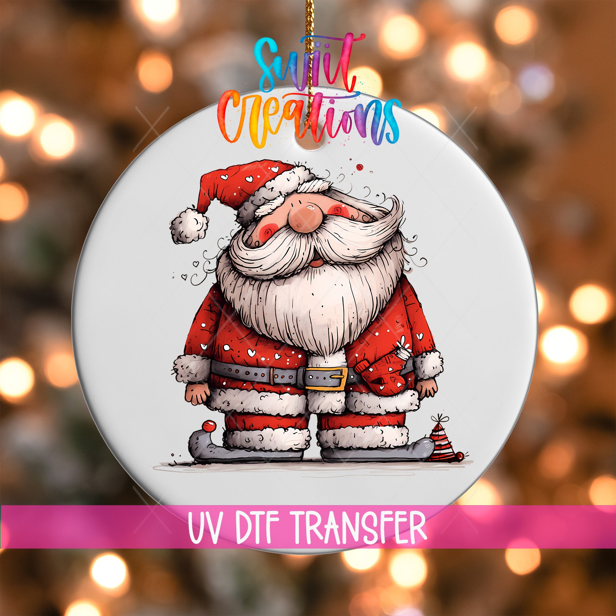 A ceramic ornament featuring a cartoon Santa Claus character with a red suit and white beard, standing on a pair of snowshoes. The ornament is hanging against a background with colorful lights.