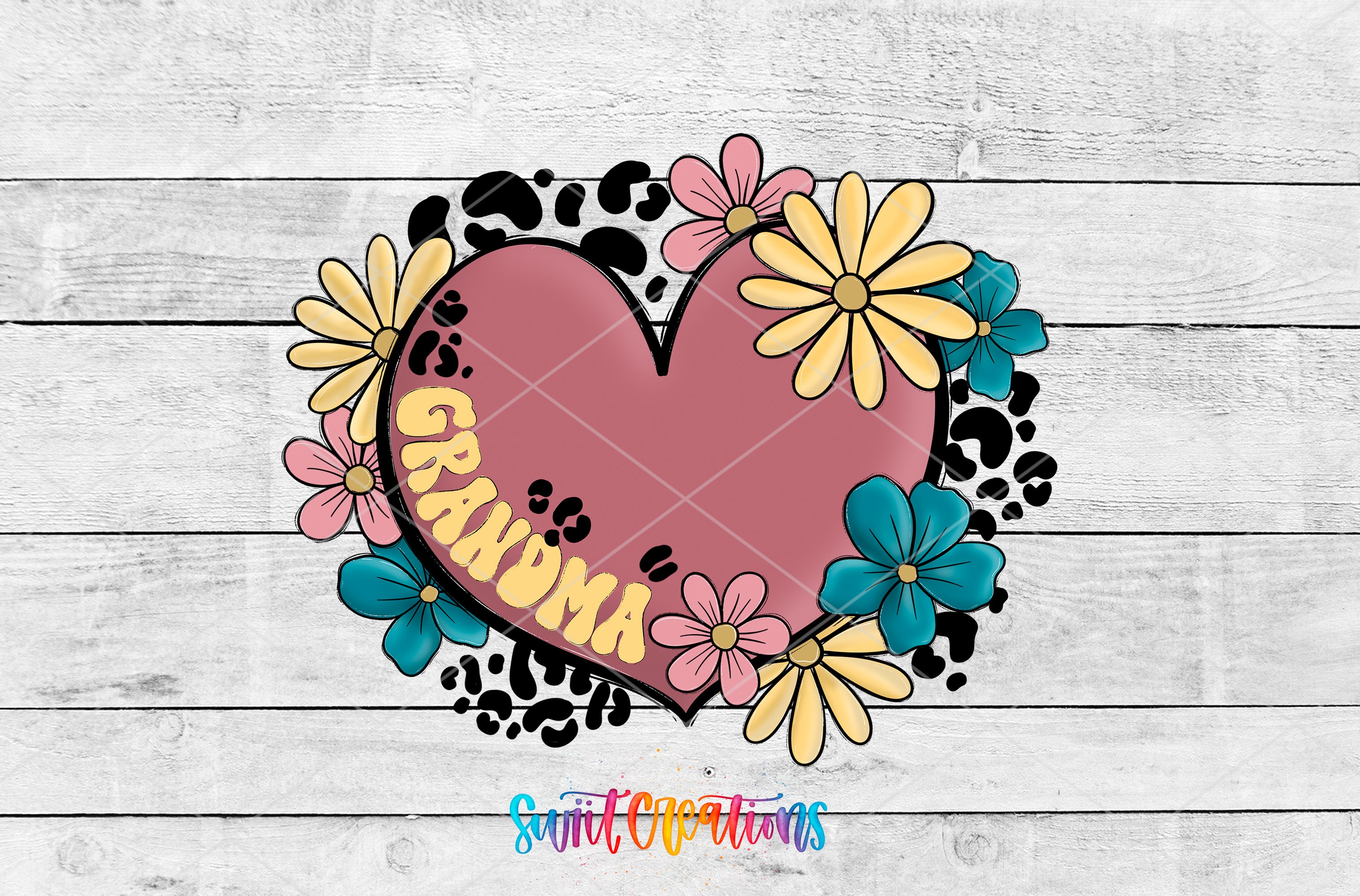 A heart-shaped graphic with the word "GRANDMA" written inside, surrounded by colorful flowers and leopard print elements against a white wooden background.