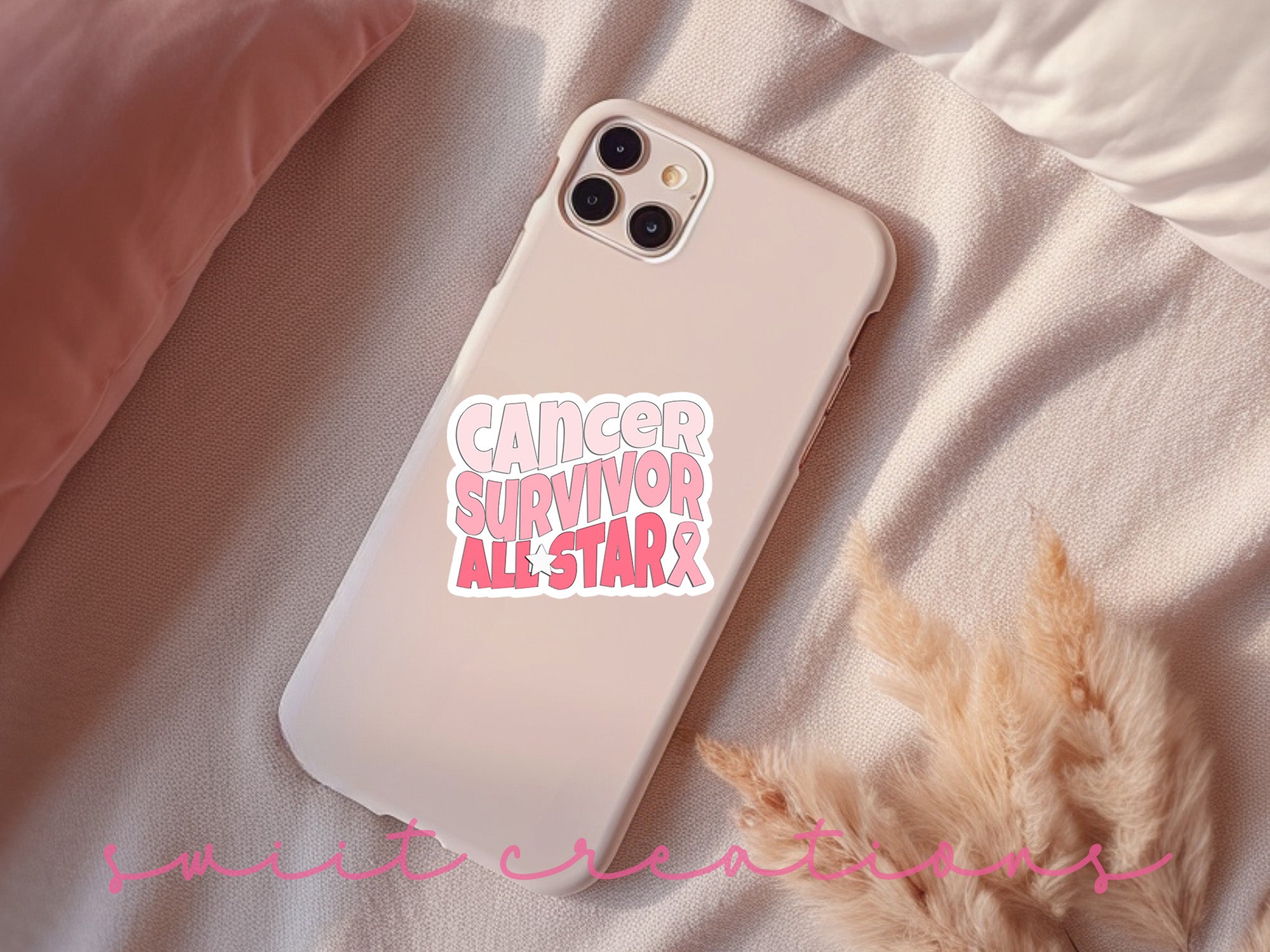 a white phone case with a pink sticker that says cancer survivor all - star