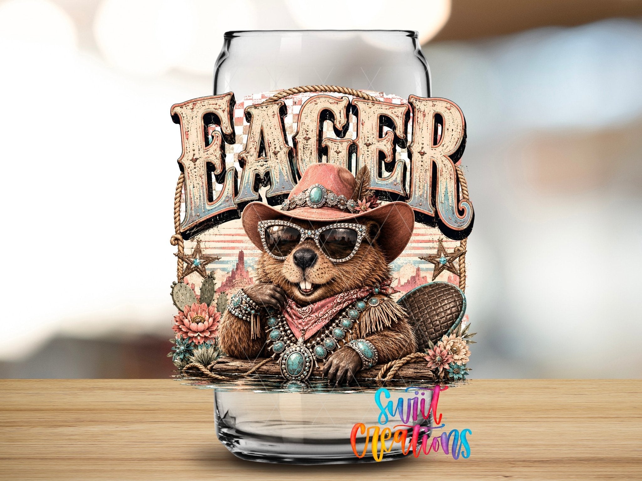 Eager Beaver Western Beaver UV DTF Transfer | Retro Cowboy Animal Drinkware Design | UV2087 - Swiit Creations