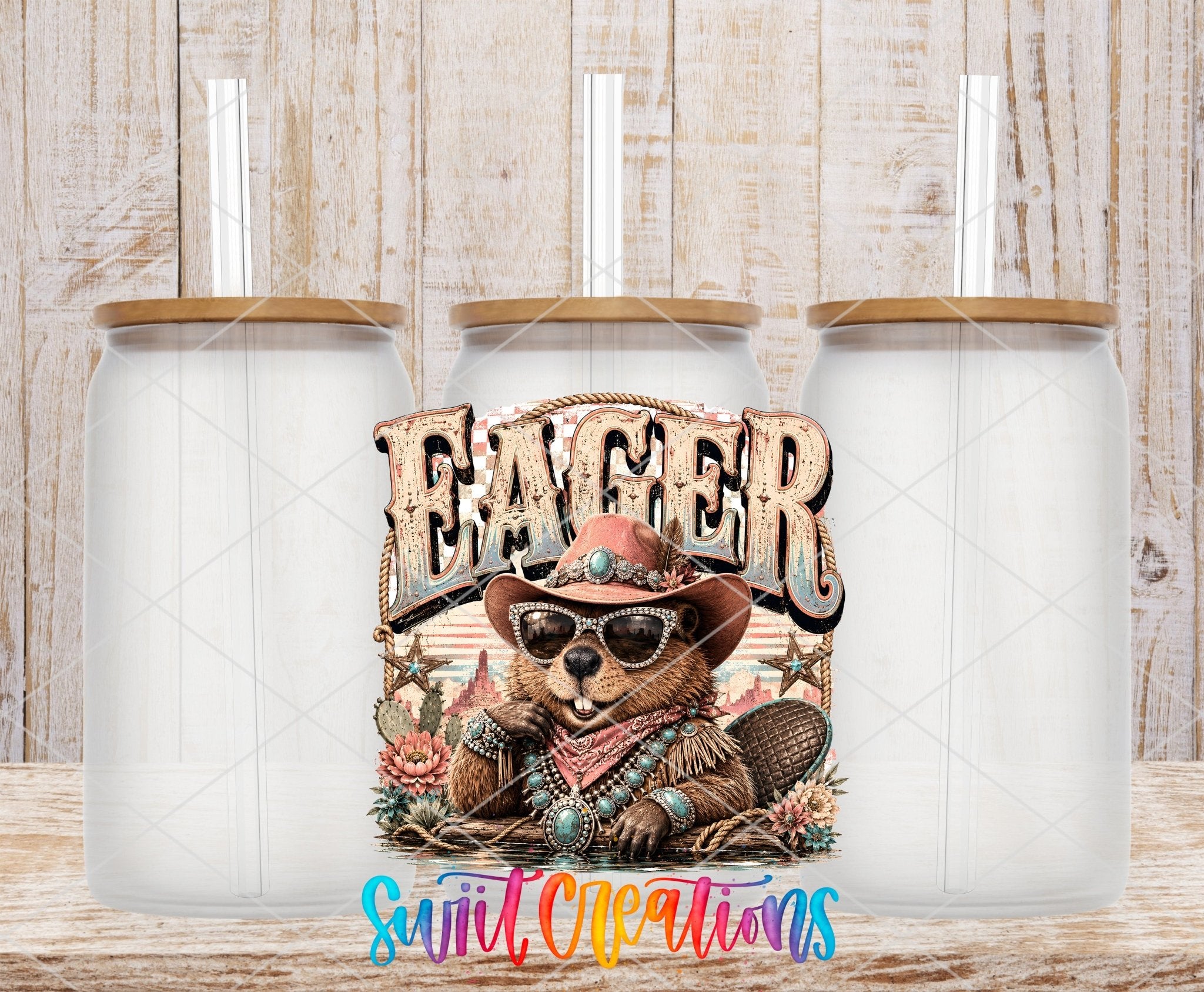 Eager Beaver Western Beaver UV DTF Transfer | Retro Cowboy Animal Drinkware Design | UV2087 - Swiit Creations