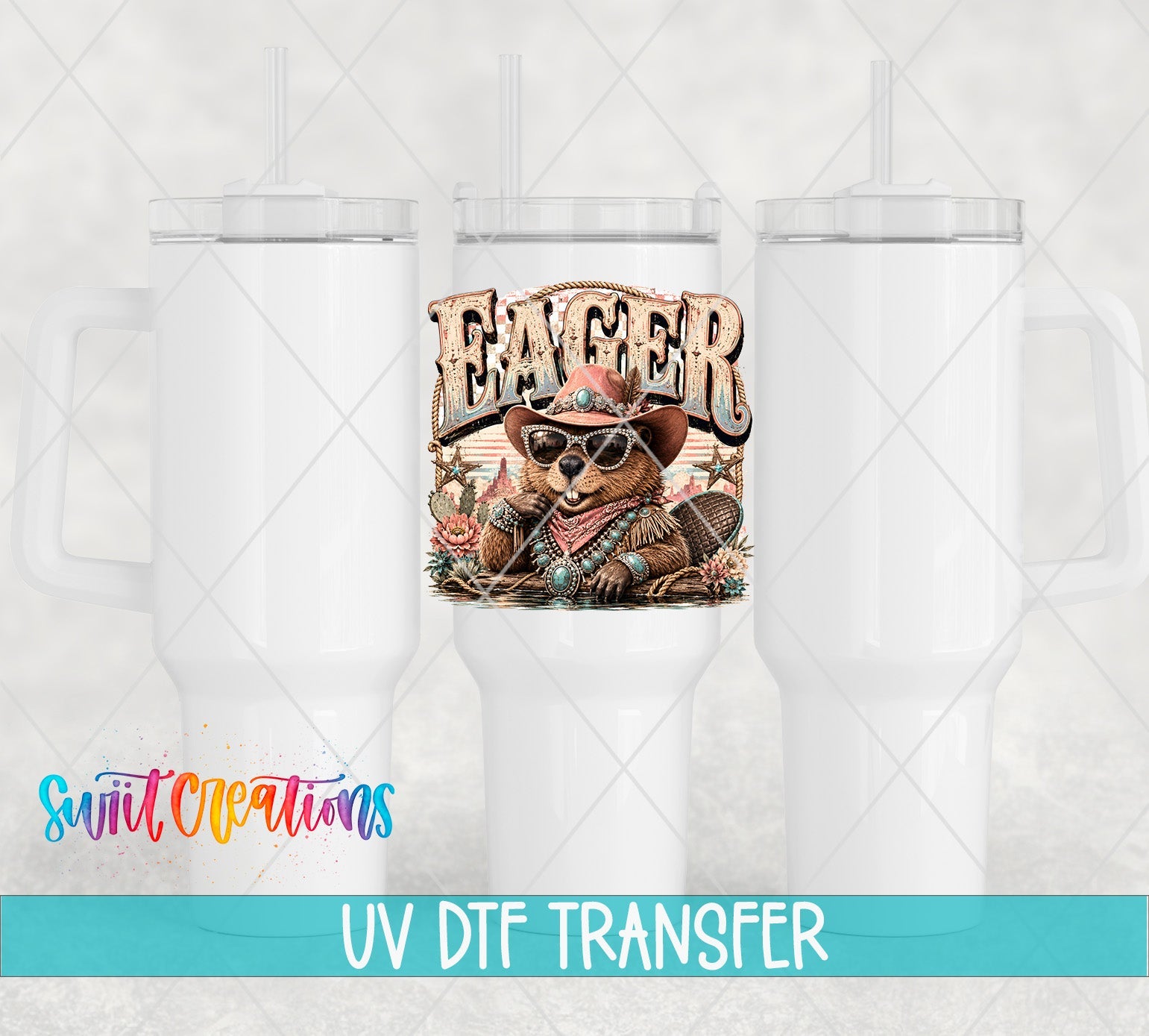 Eager Beaver Western Beaver UV DTF Transfer | Retro Cowboy Animal Drinkware Design | UV2087 - Swiit Creations