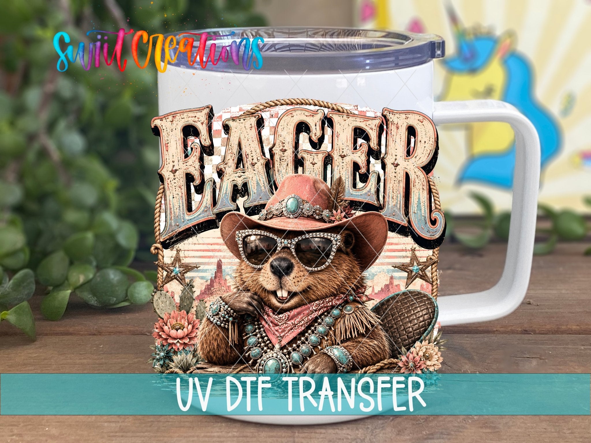 Eager Beaver Western Beaver UV DTF Transfer | Retro Cowboy Animal Drinkware Design | UV2087 - Swiit Creations