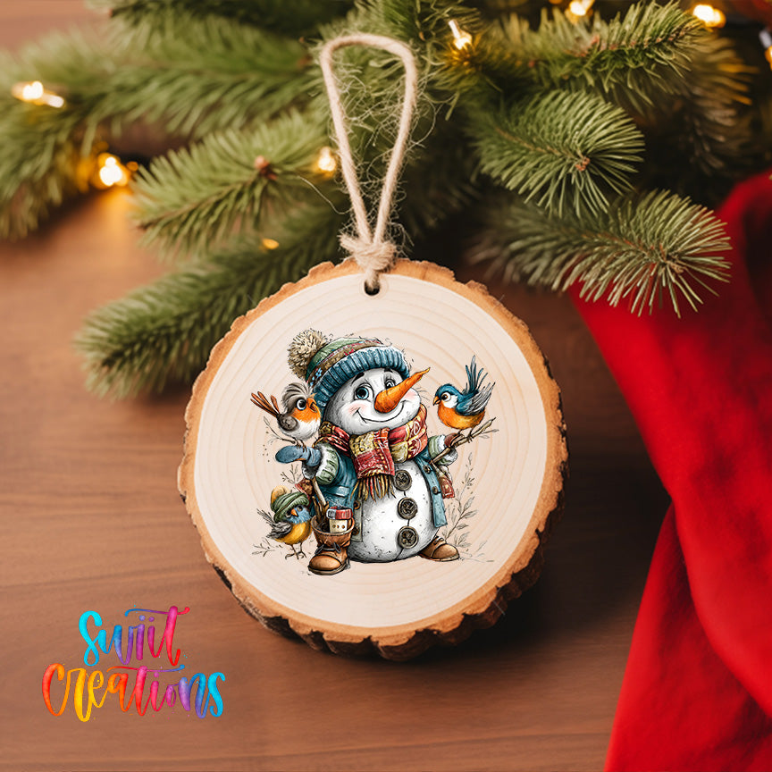 A wooden ornament featuring a snowman with a carrot nose and a bird perched on its arm, surrounded by pine branches and twinkling lights.