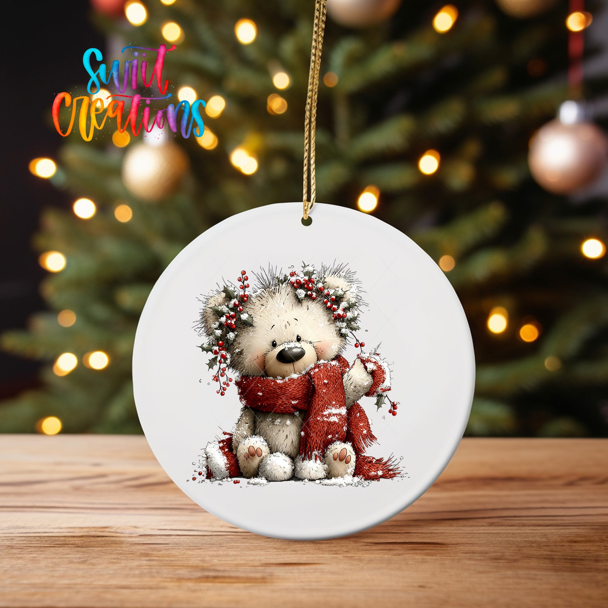 A white ceramic ornament featuring a teddy bear wearing a red scarf and a wreath, sitting on a wooden surface with a blurred background of a Christmas tree and twinkling lights.