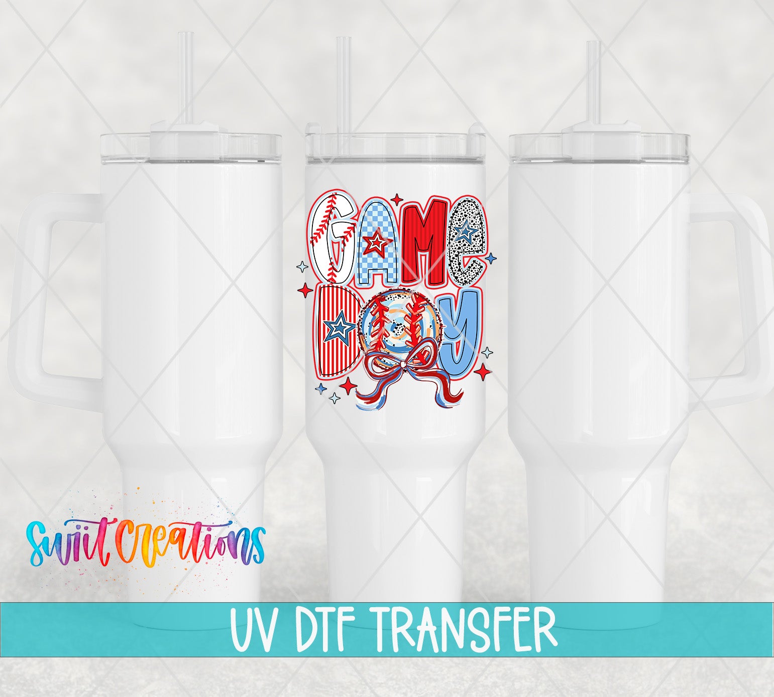 three white tumblers with a colorful design on them, including the text "GAME DAY" and a baseball motif. The text "Swit Transcriptions" is visible in the image.