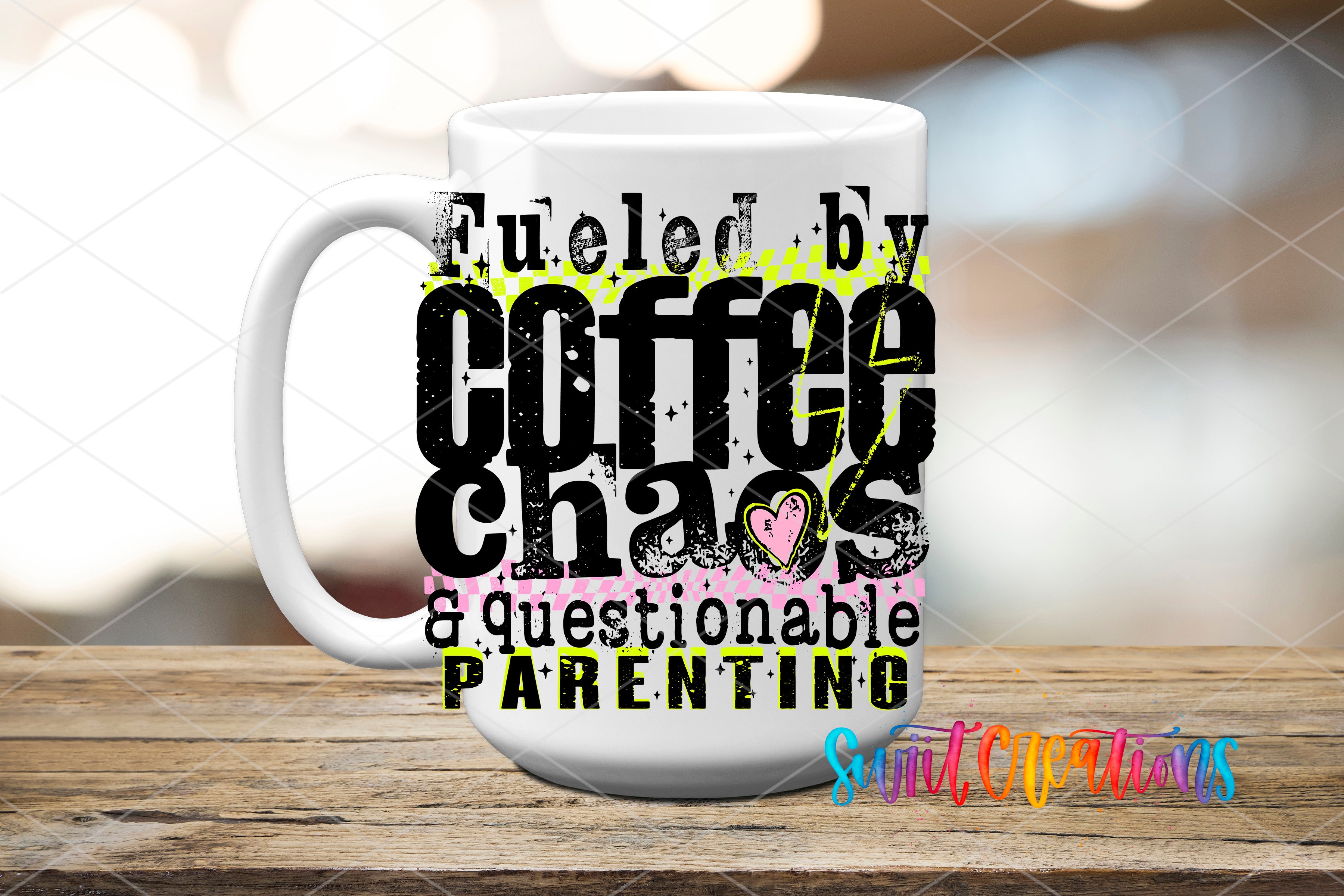 A white coffee mug with text that says "Fuelled by Coffee Chaos & Questionable Parenting" printed on it.