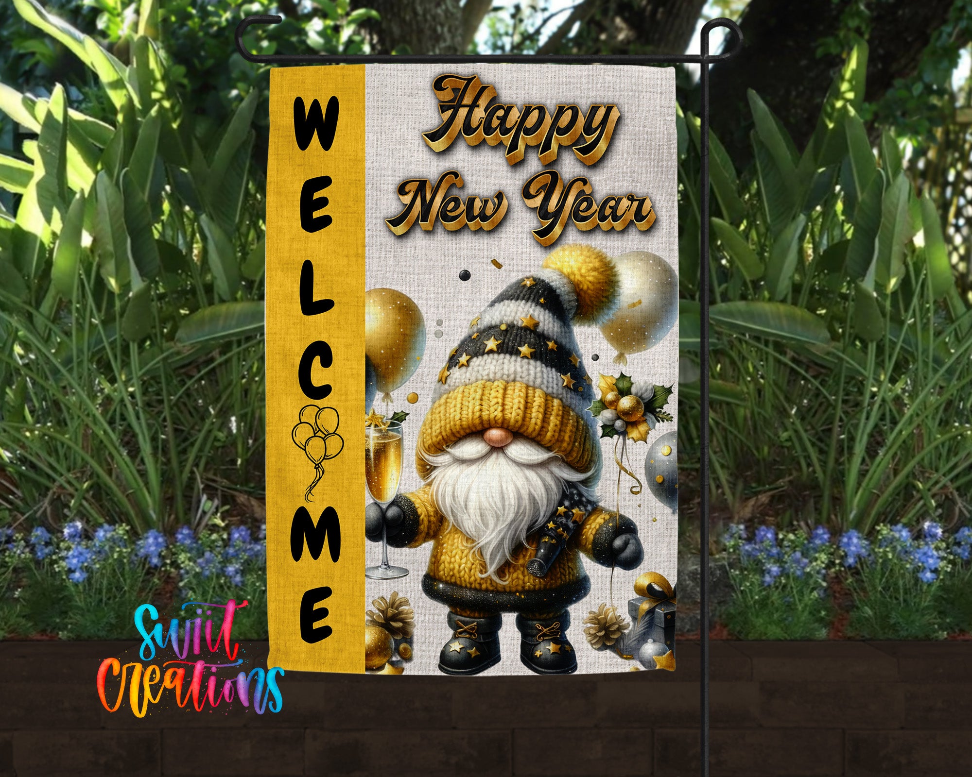 A welcome sign featuring a gnome character surrounded by festive elements such as balloons and a "Happy New Year" message.
