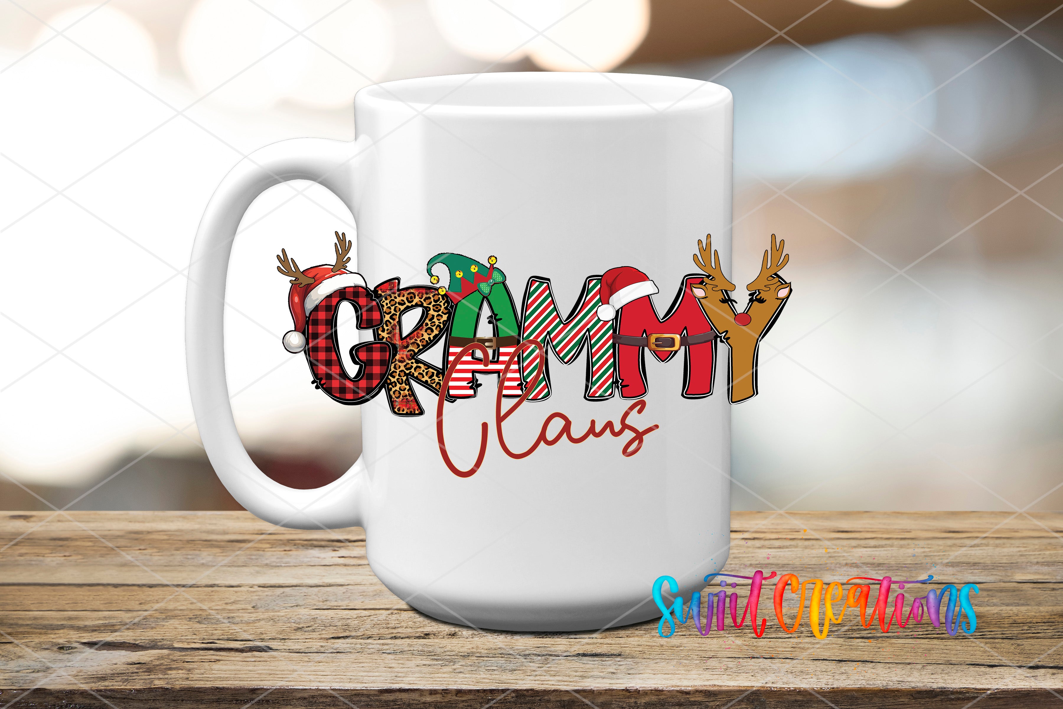 A white ceramic mug with the text "GRAMMY CLANS" printed on it, along with various Christmas-themed graphics and decorations.