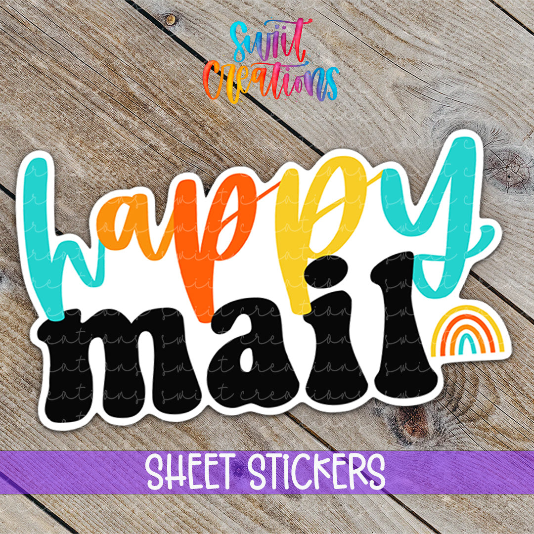 a colorful sticker that says happy mail
