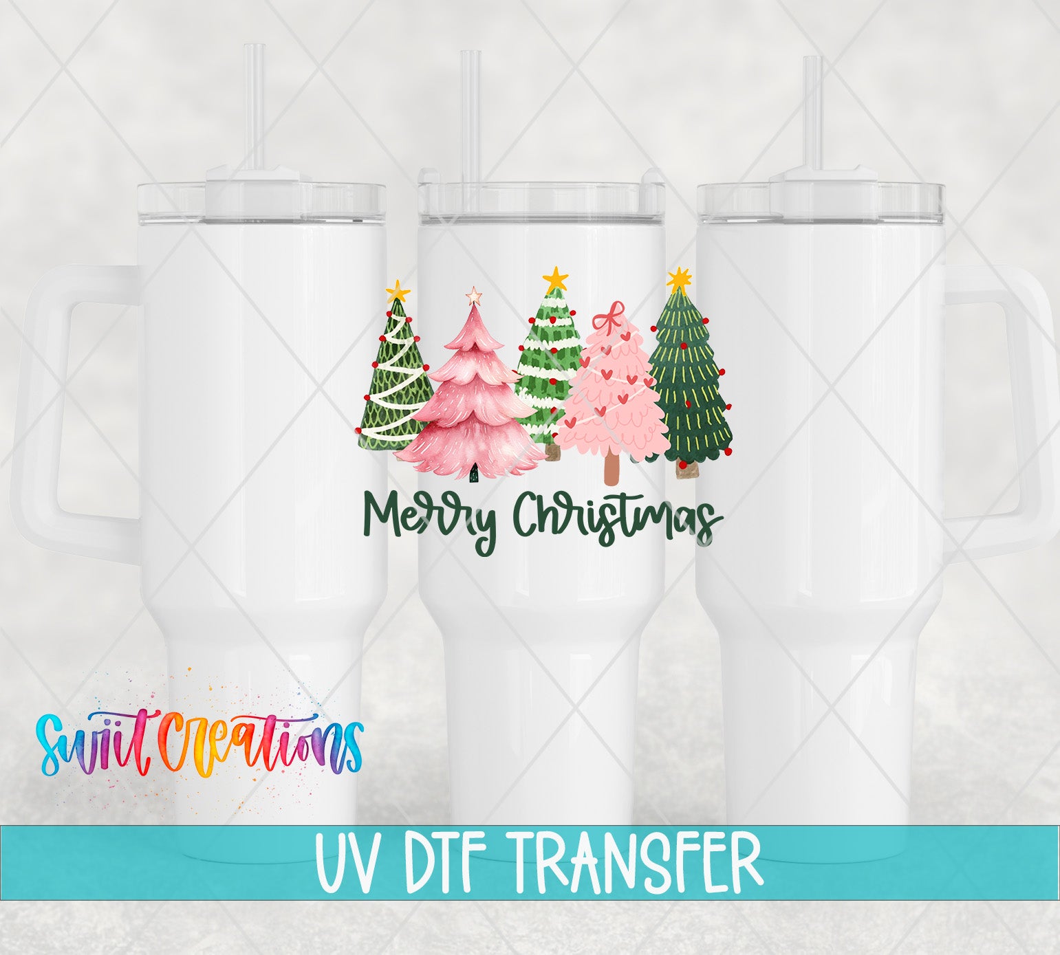 three white tumblers with a Christmas tree design printed on them.