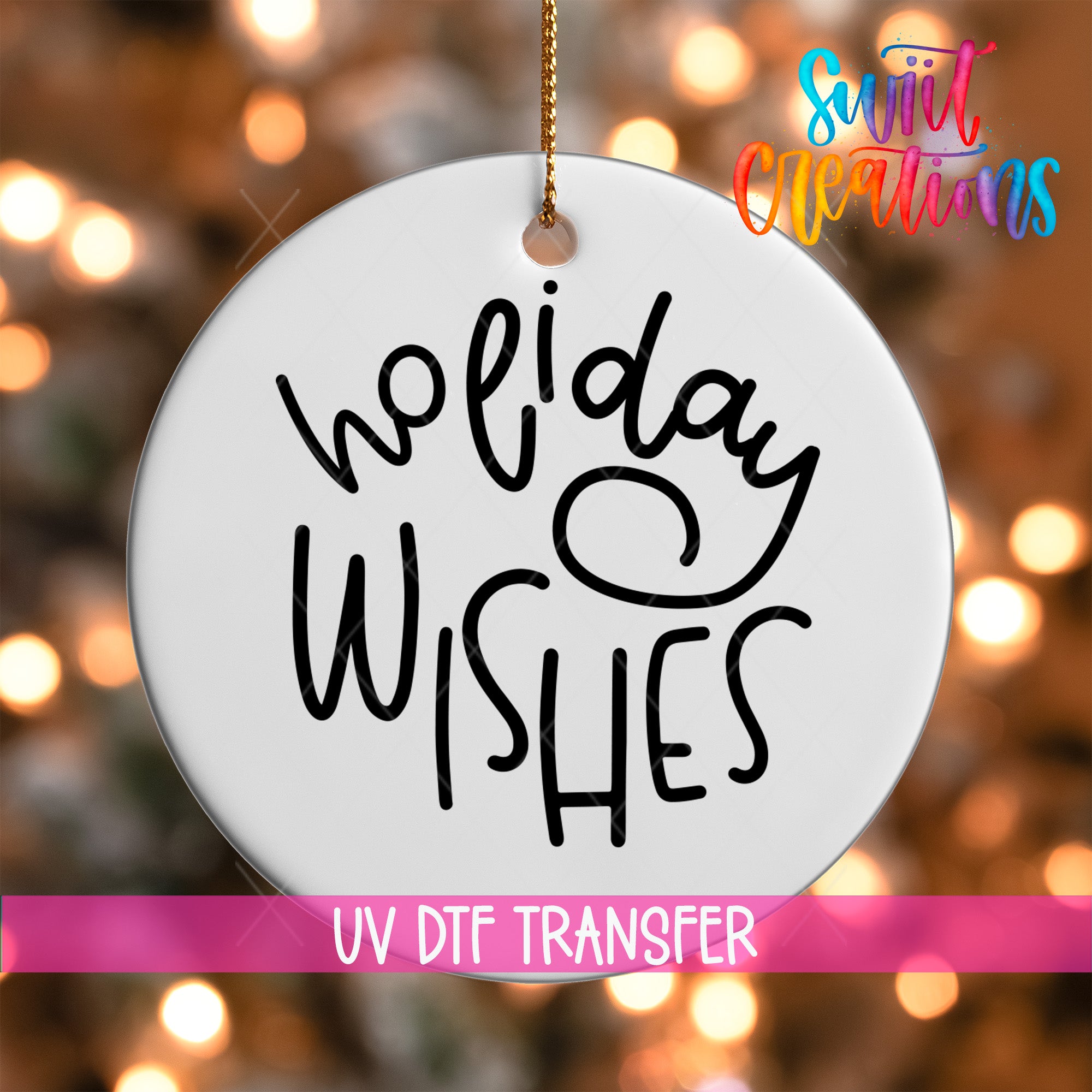 A white ornament with the text "Holiday Wishes" written on it, hanging against a background of colorful lights.