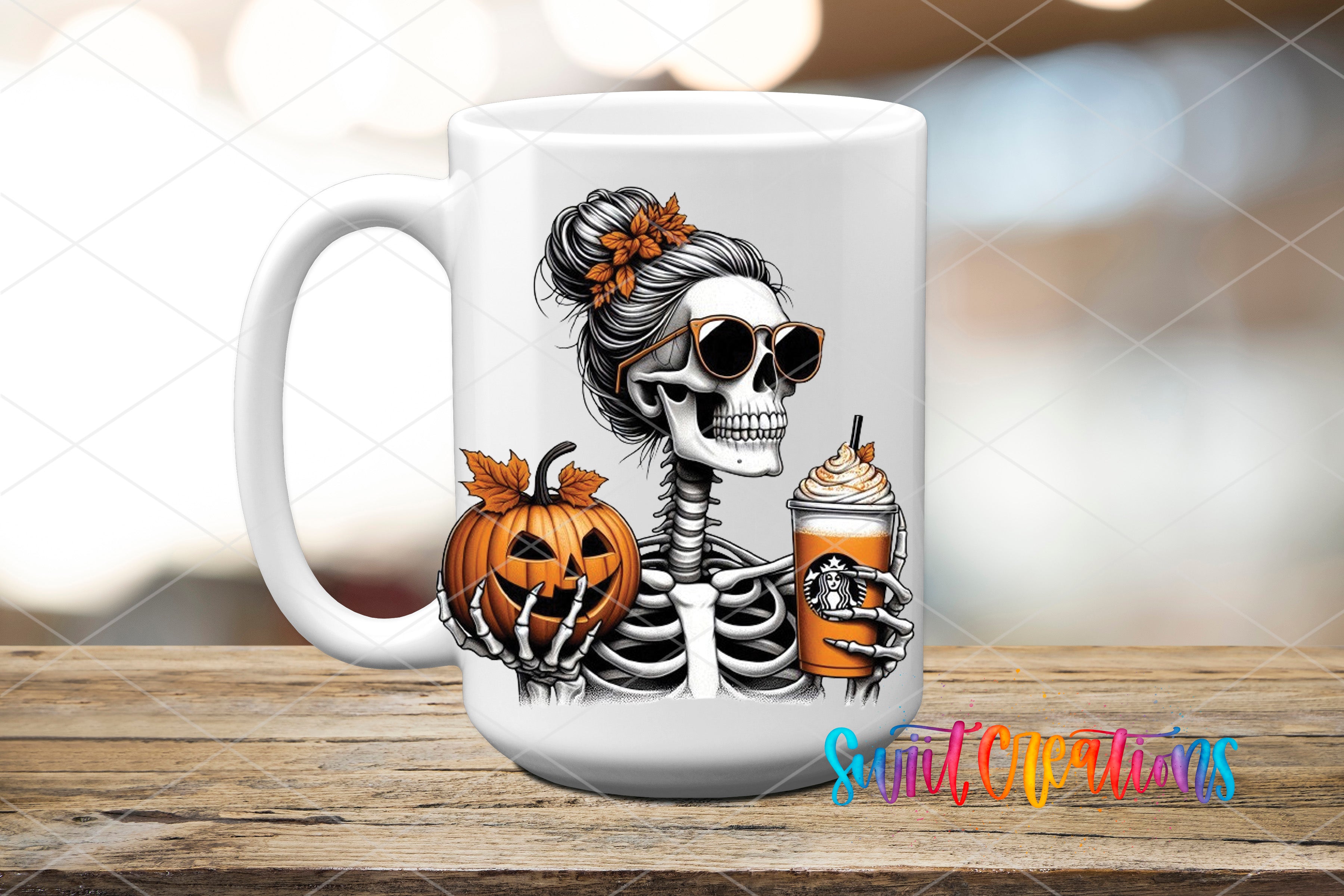 A white ceramic mug with a Halloween-themed design featuring a skeleton wearing sunglasses and holding a pumpkin and a Starbucks drink.