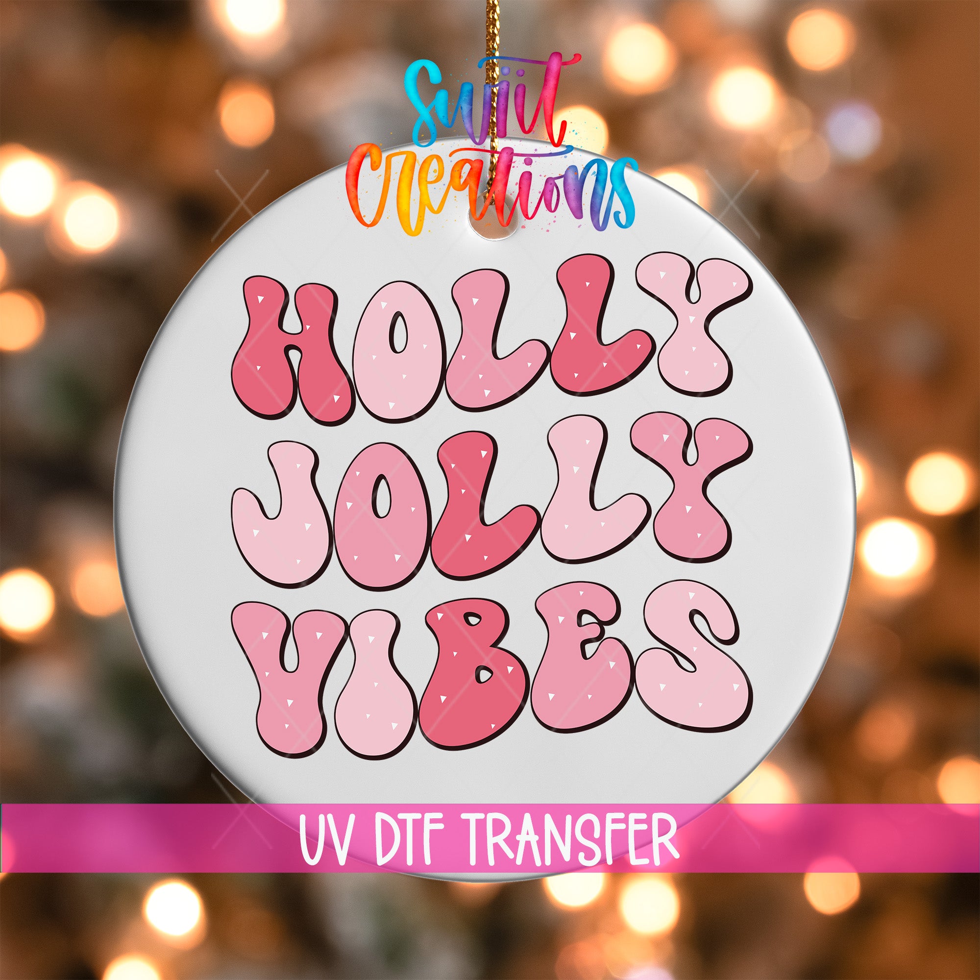 A decorative ornament with the text "Holly Jolly Vibes" in a stylized font, surrounded by a colorful background with blurred lights.