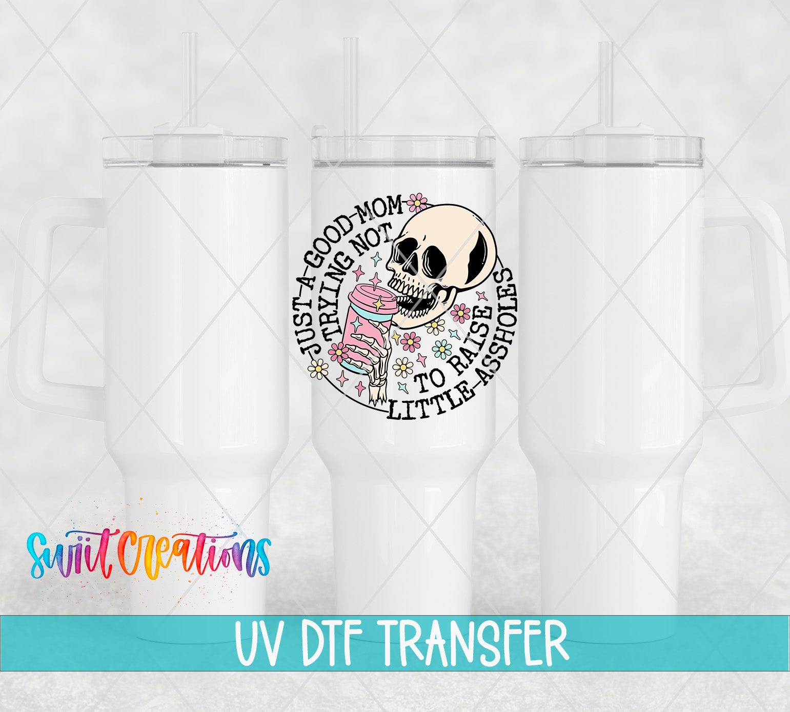 a white ceramic mug with a skull design and text, along with a UV DFT (Digital Transferase) logo and text indicating that it is a UV DFT Transfer product.