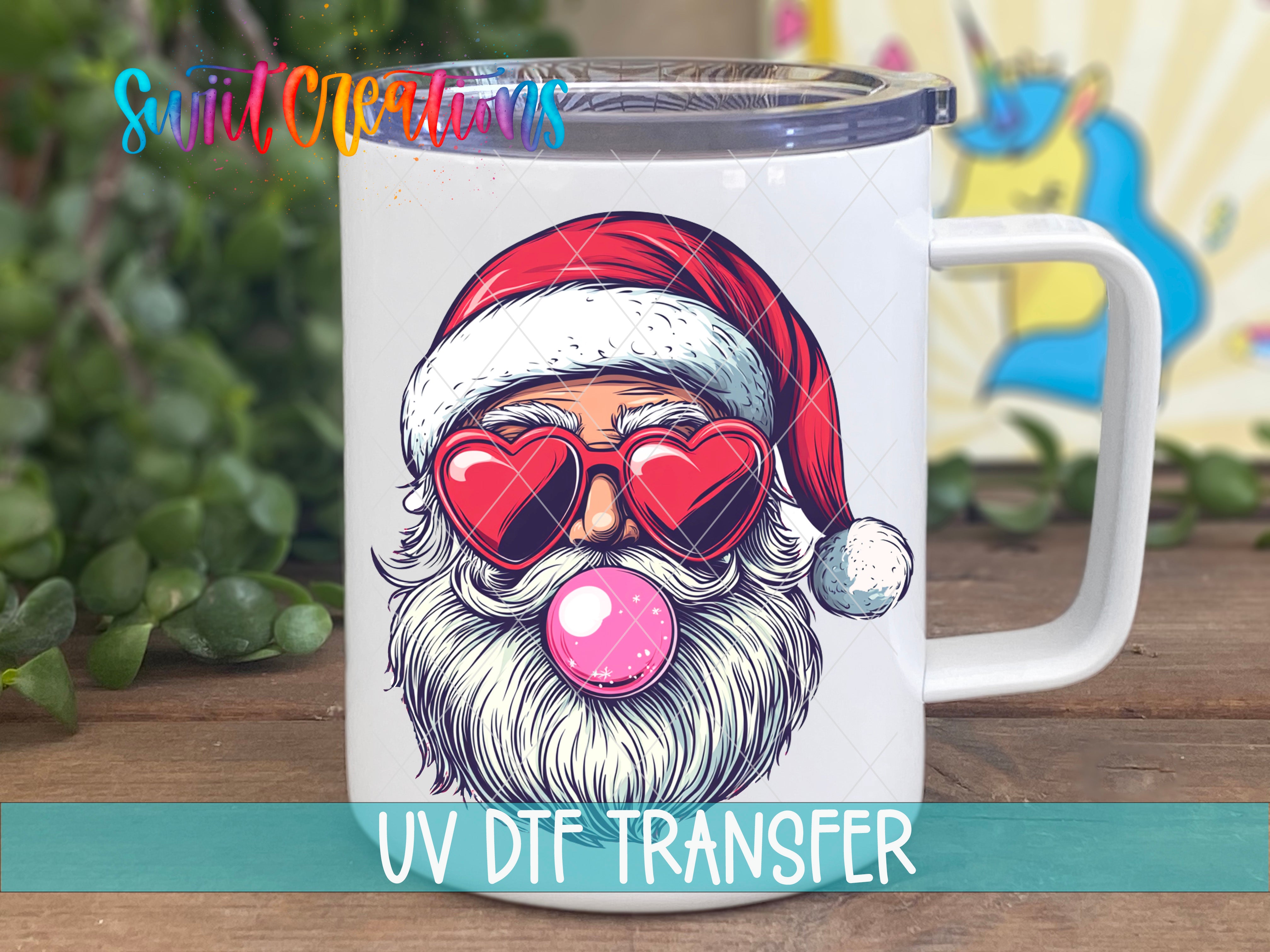 A mug with a Santa Claus face wearing sunglasses and a bubblegum bubble, along with the text "UV Dtf Transfer"