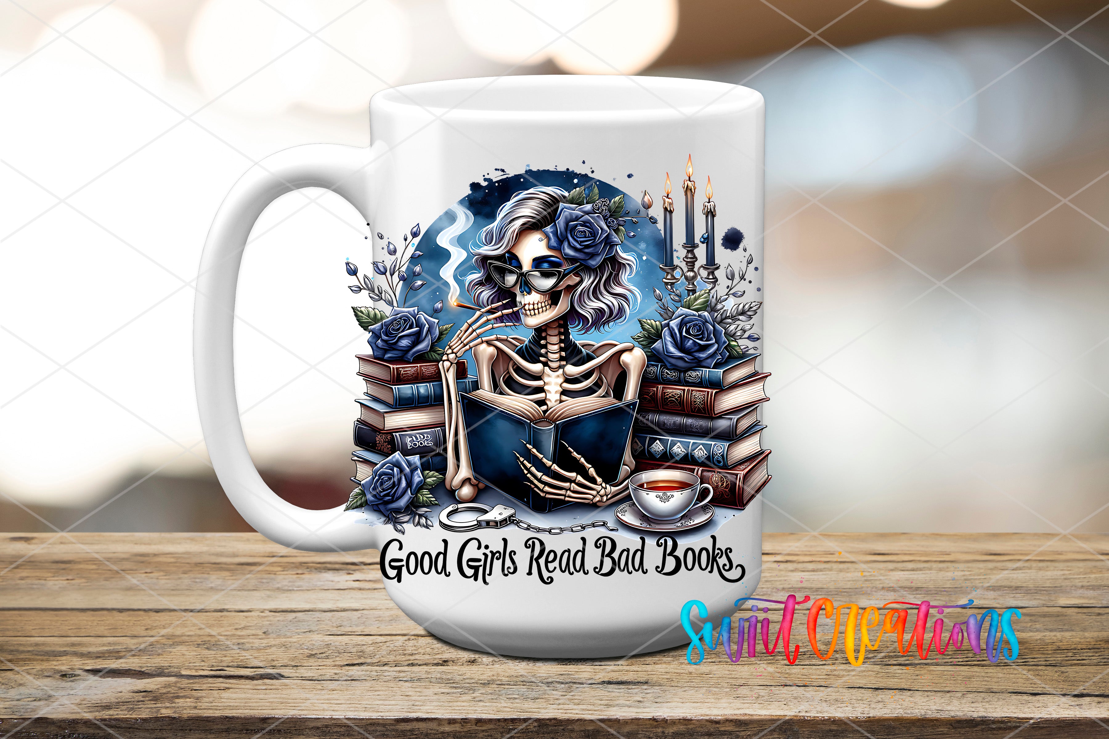 A white ceramic mug with an illustration of a skeleton reading a book surrounded by flowers and candles.