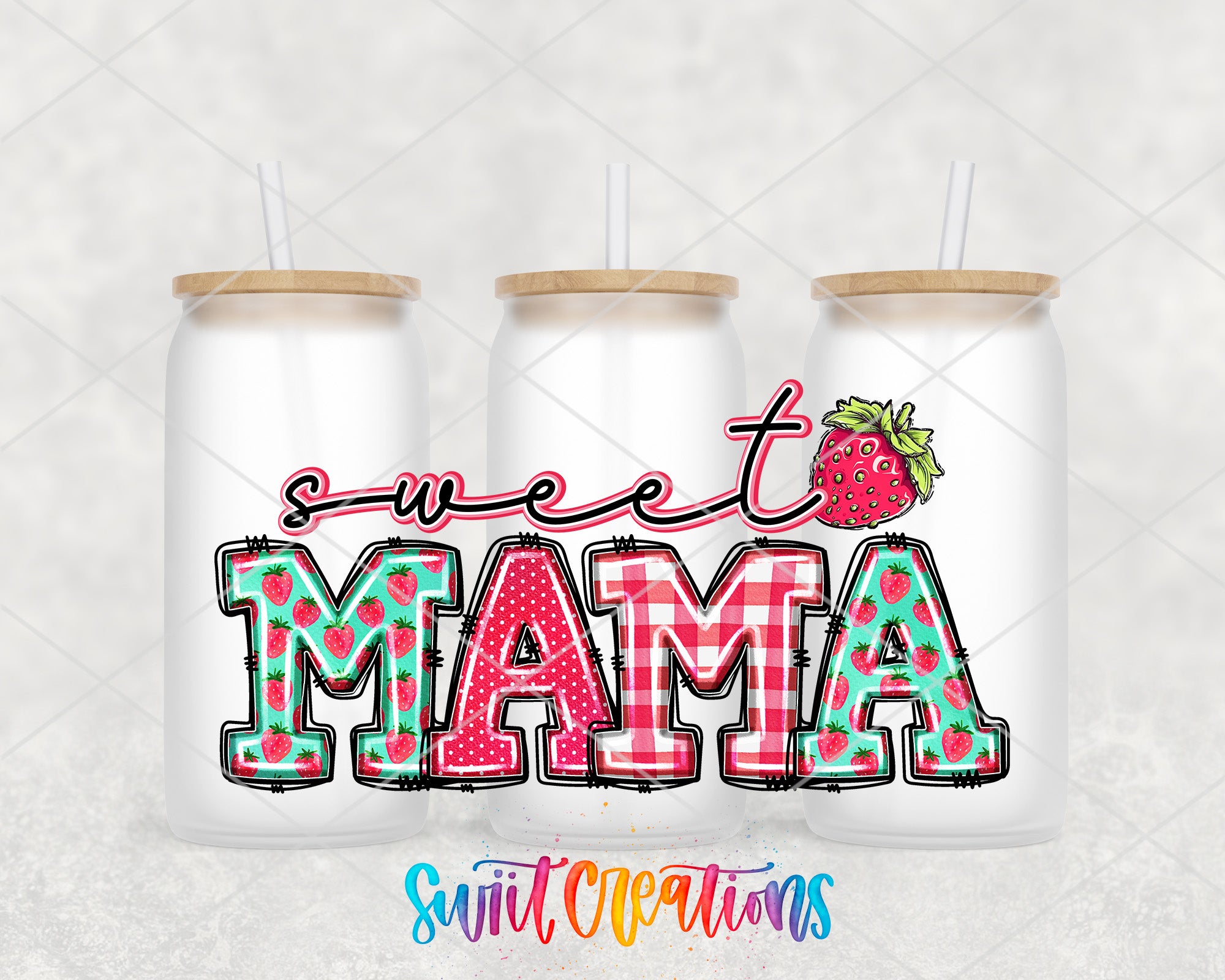 three glass jars with straws, each containing a beverage. The jars are arranged in a row, and the text "Sweet MAMA" is prominently displayed in the center of the image.
