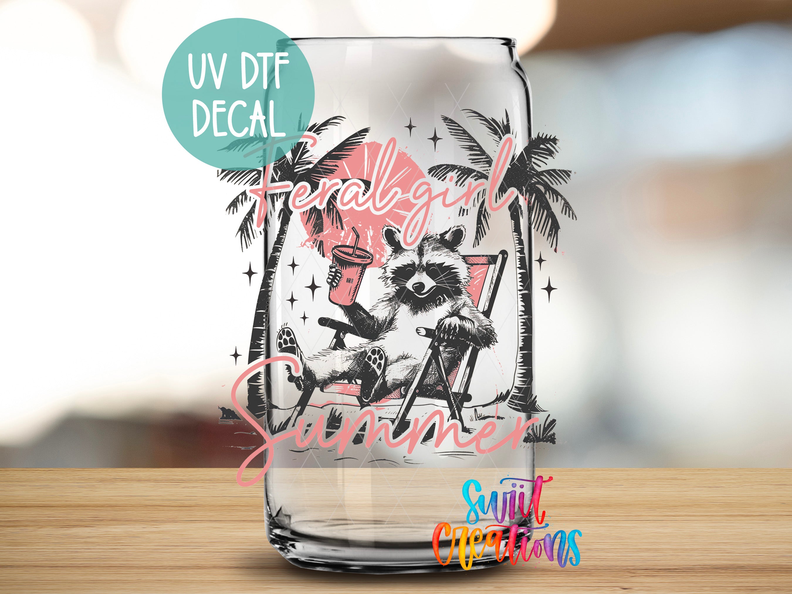 a glass with a picture of a raccoon on it