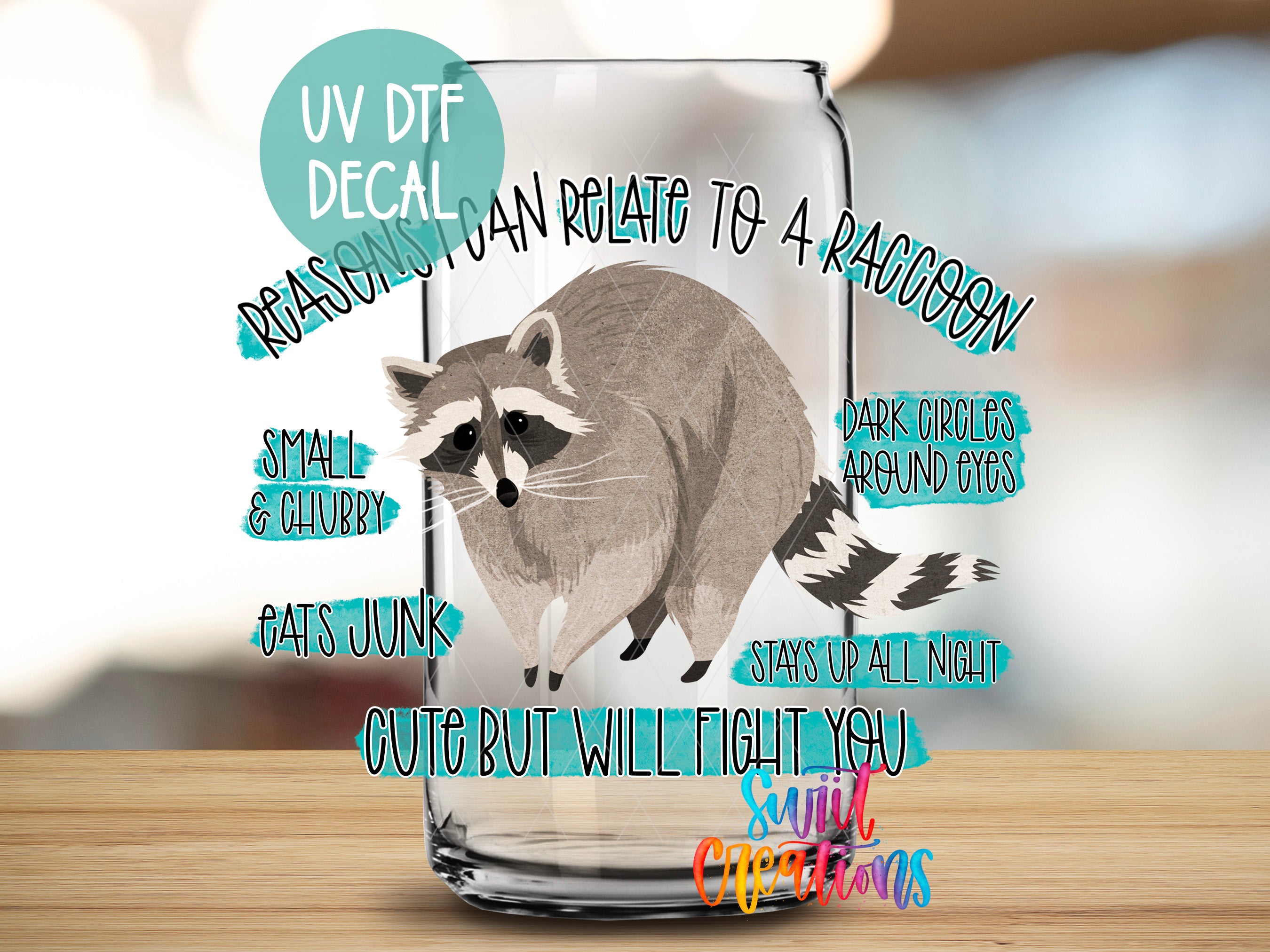 a raccoon in a glass jar, with various descriptions of the raccoon's characteristics and behavior.