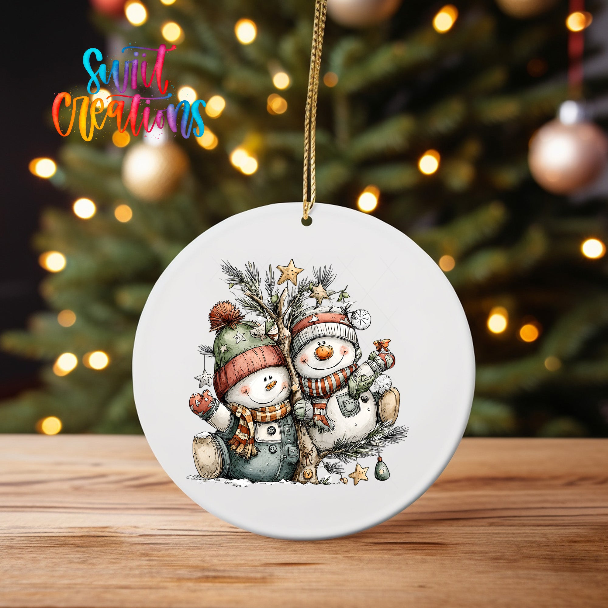 A white ceramic ornament featuring two snowmen sitting next to each other, with a Christmas tree in the background.